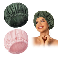 Edoneery reusable shower cap pink green model protects long hair during shower.