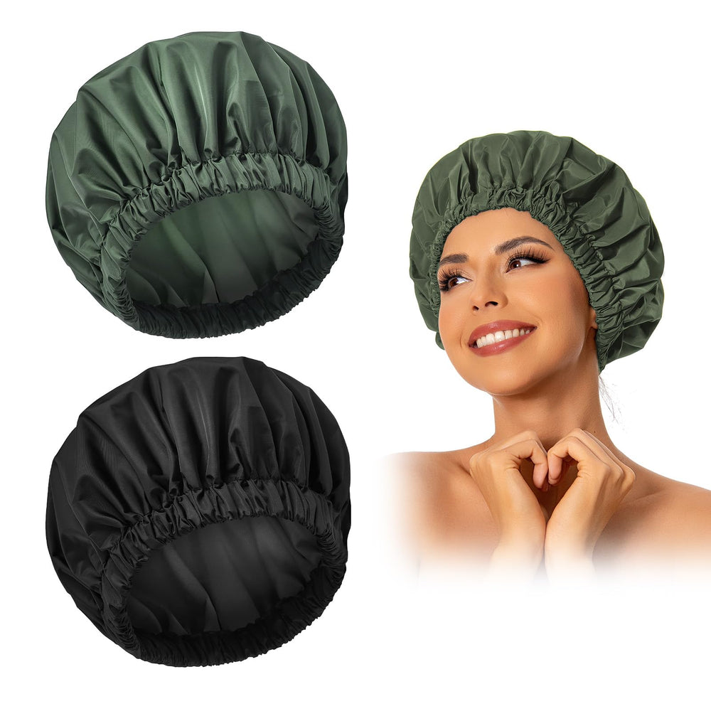 Edoneery reusable shower cap for women keeps long hair dry during showers.
