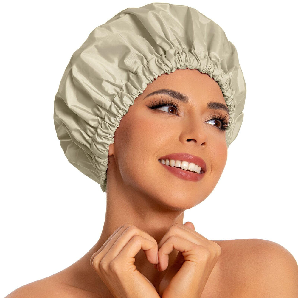 Edoneery reusable shower cap for long hair in gray-yellow protects hair during showers