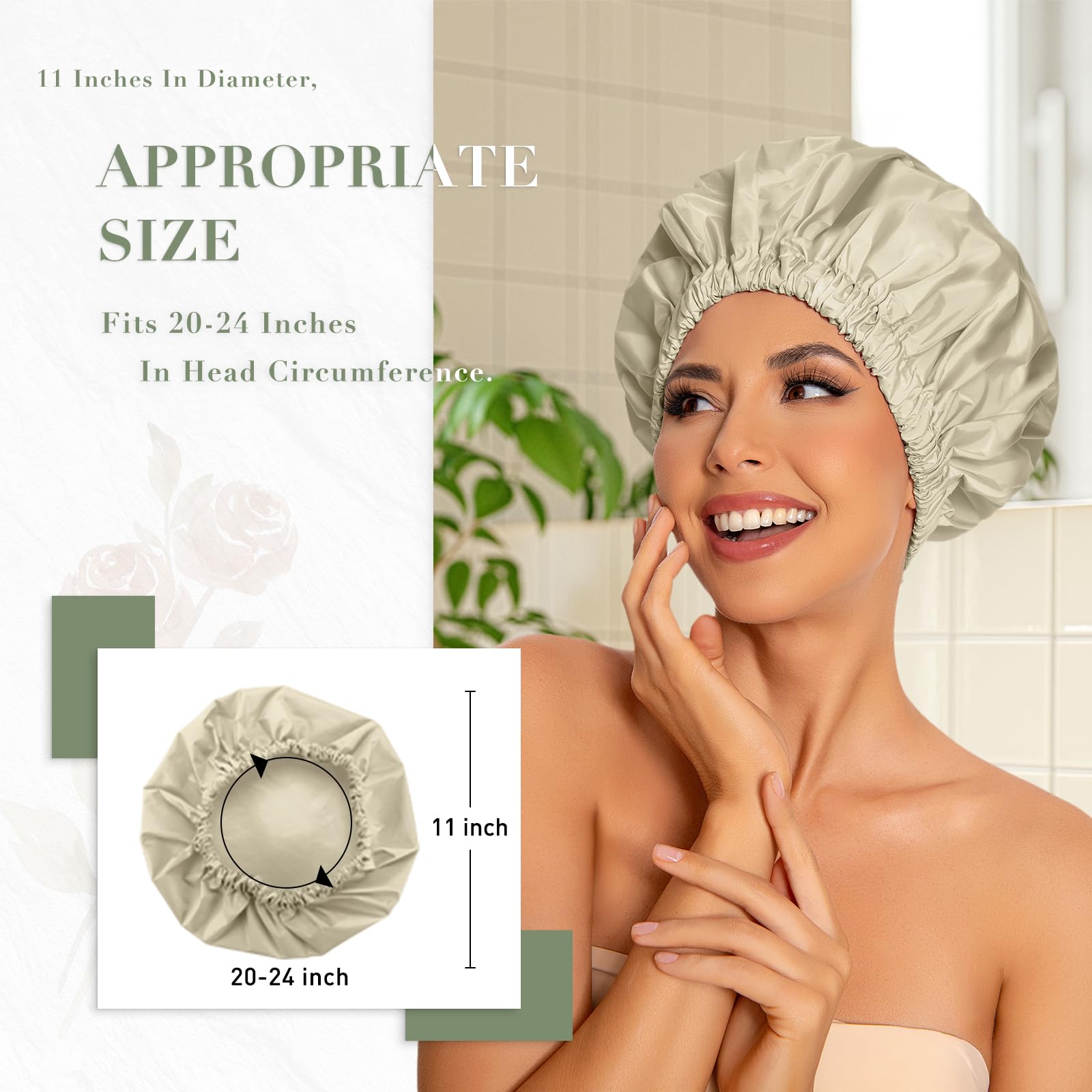 Edoneery shower cap showing white bottom coating for easy cleaning and durability
