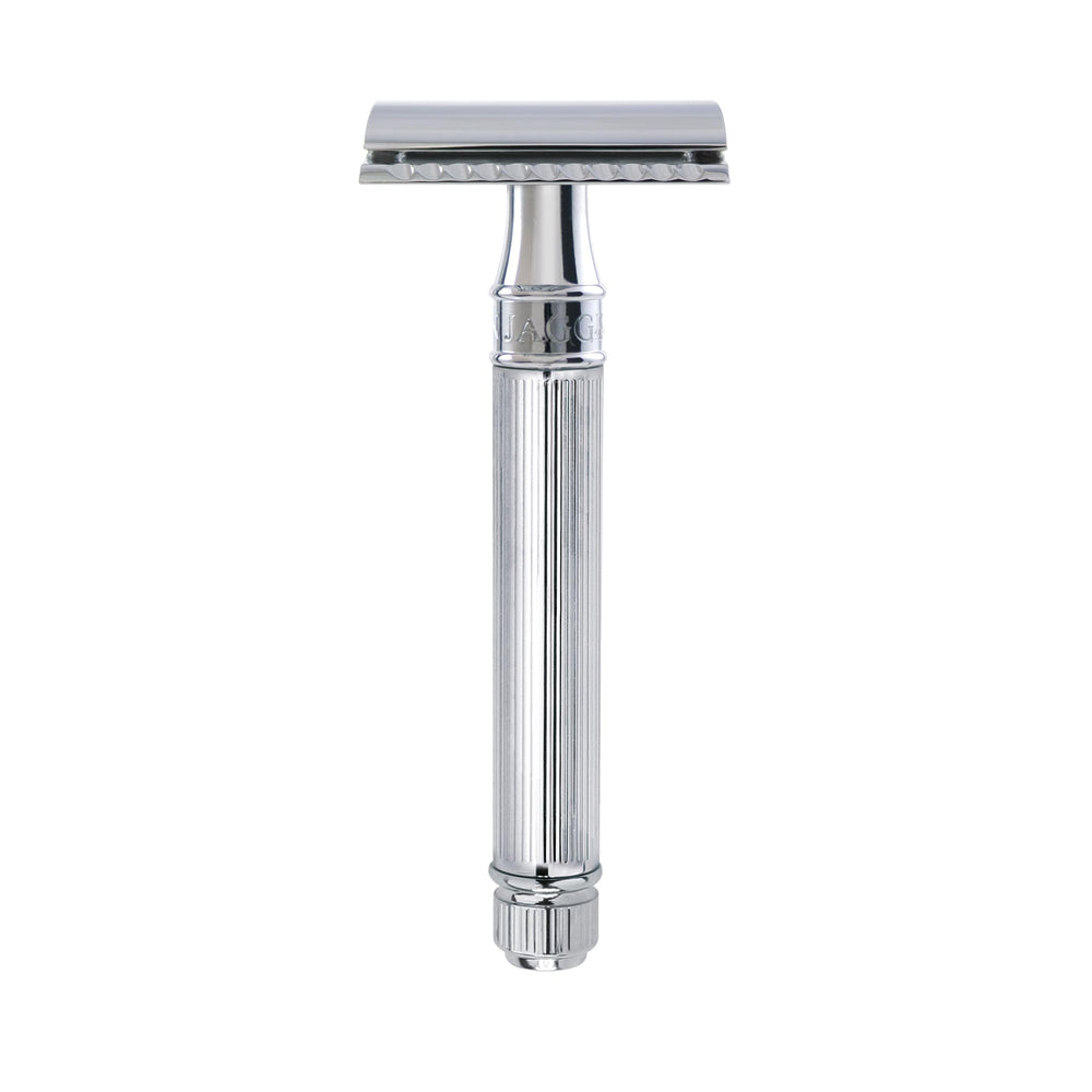 Edwin Jagger DE89LBLAMZ razor head close-up showing precision engineering for a smooth shave.