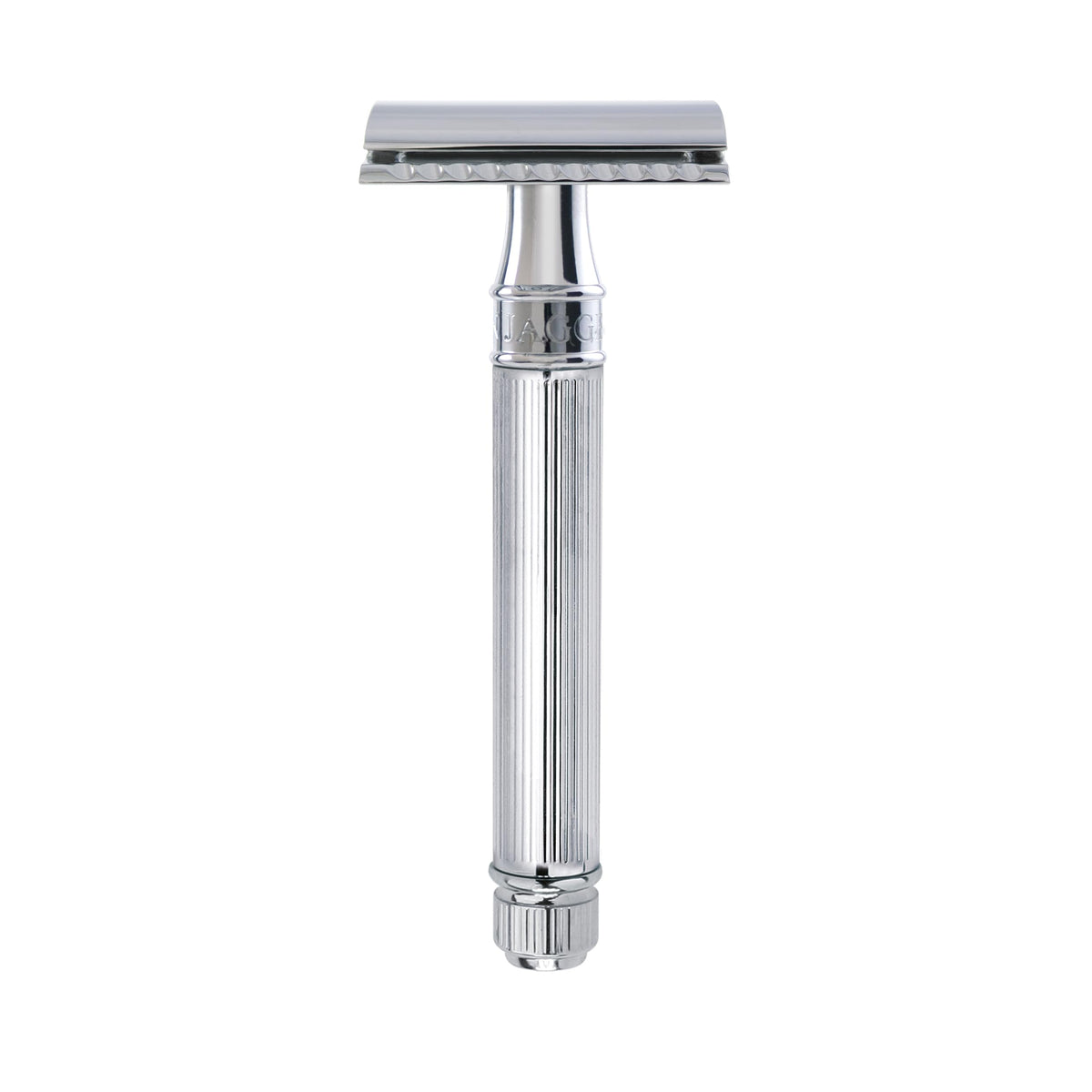 Edwin Jagger DE89LBLAMZ razor head close-up showing precision engineering for a smooth shave.