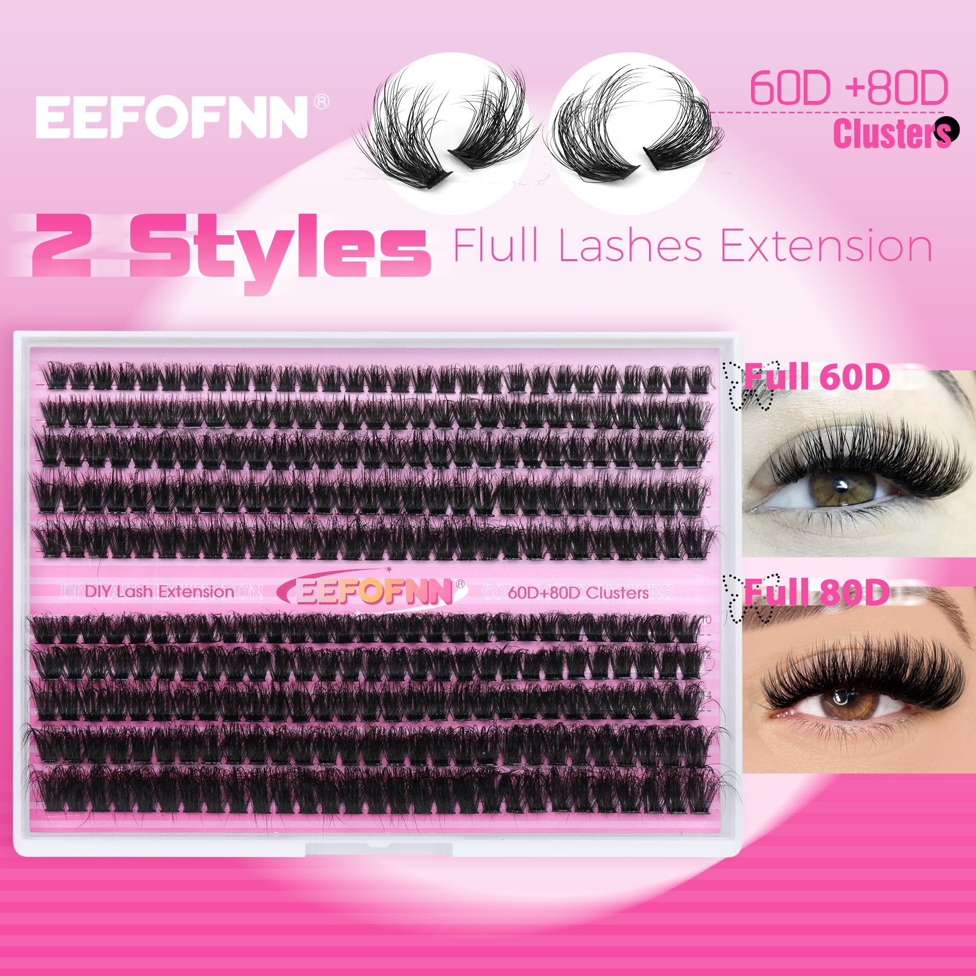 Eefofnn lash clusters 60D-80D curl closeup shows fluffy texture and soft fibers