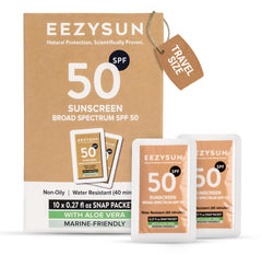EEZYSUN mineral SPF50 travel pack front for on-the-go protection