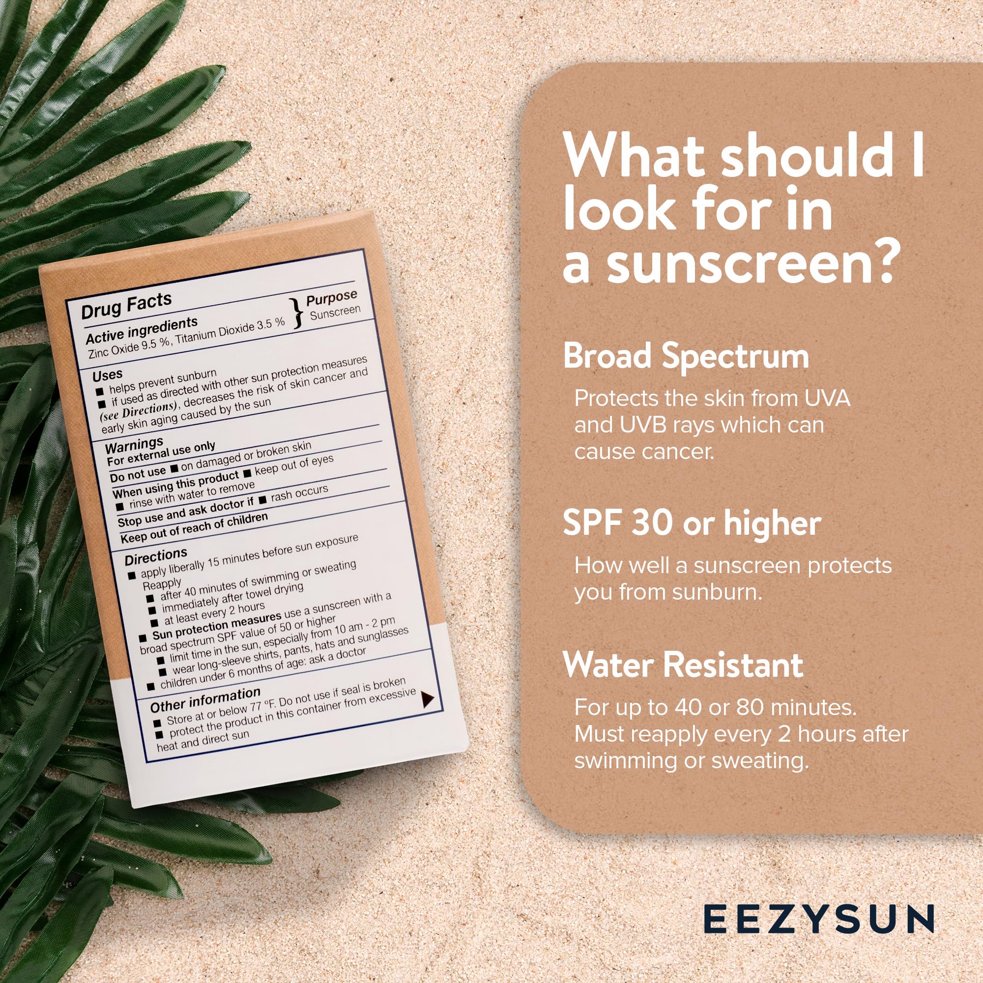 EEZYSUN mineral SPF50 travel pack label highlighting reef-safe vegan sunscreen