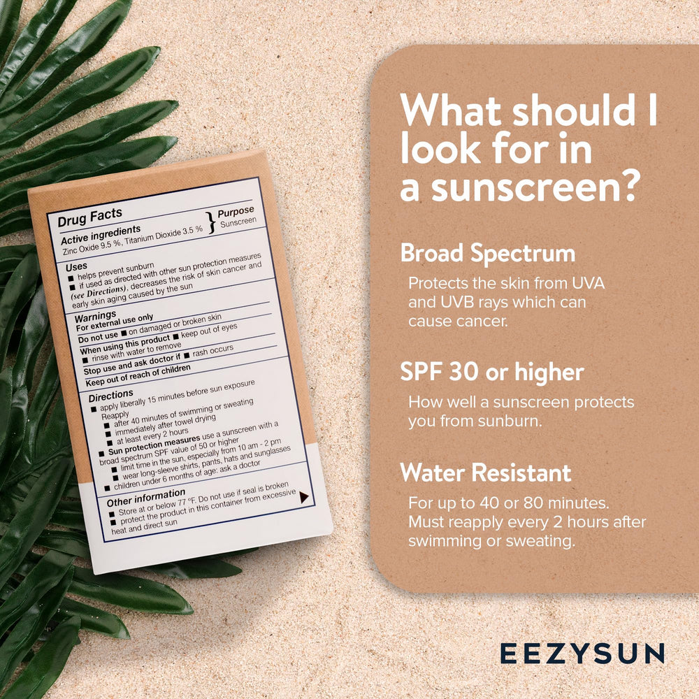 EEZYSUN mineral SPF50 travel pack label highlighting reef-safe vegan sunscreen
