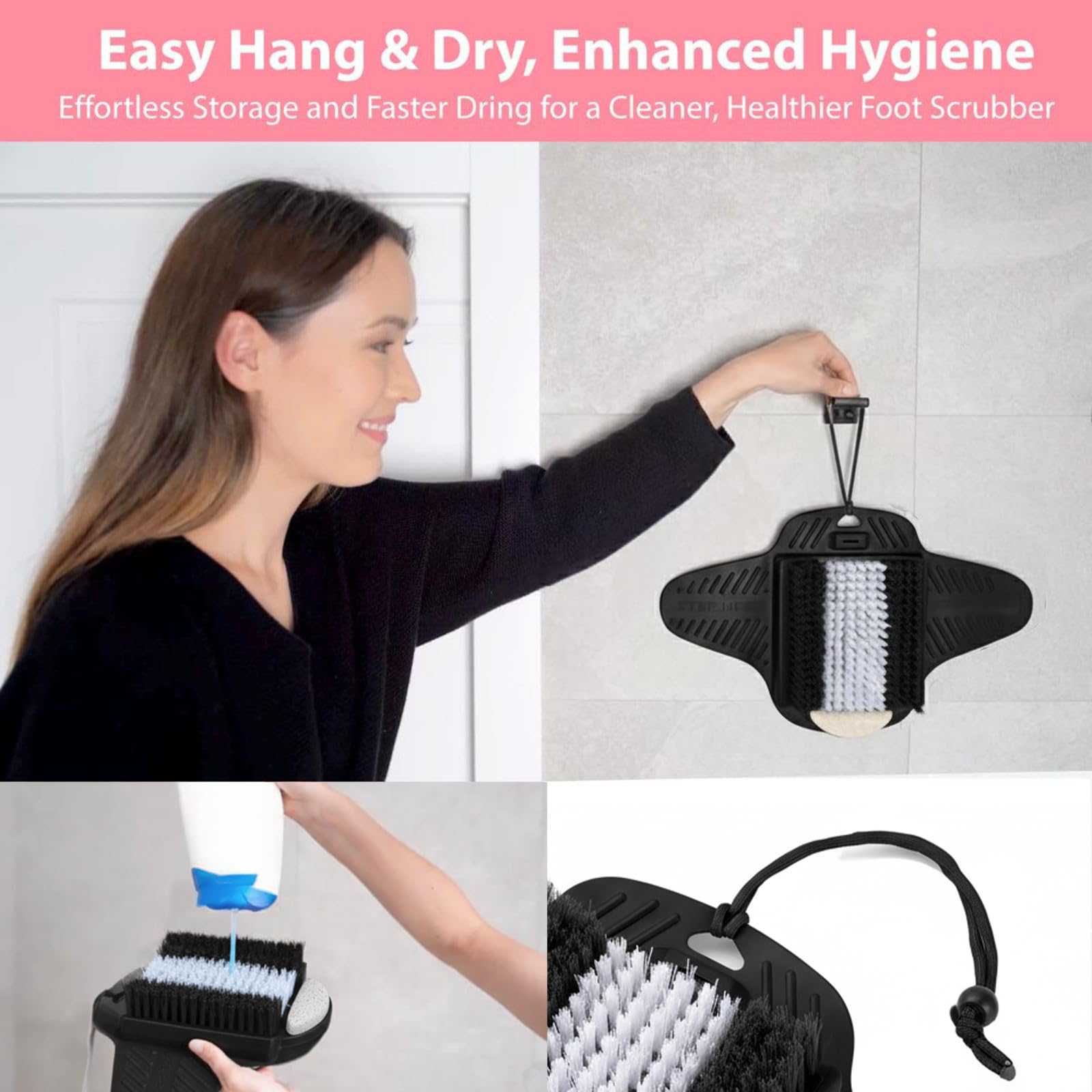 Efforest foot scrubber with suction cups remains stable on shower walls.