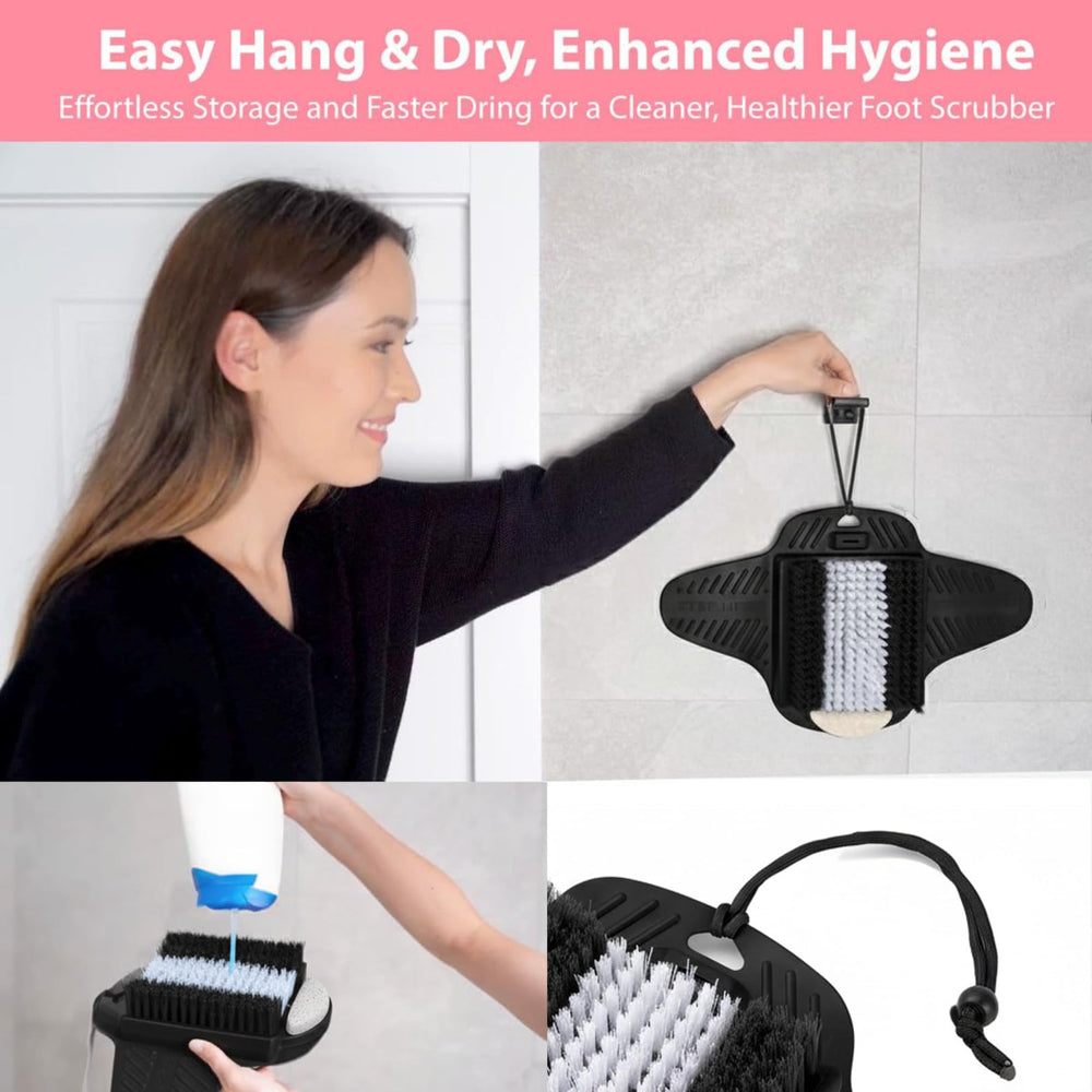 Efforest foot scrubber with suction cups remains stable on shower walls.