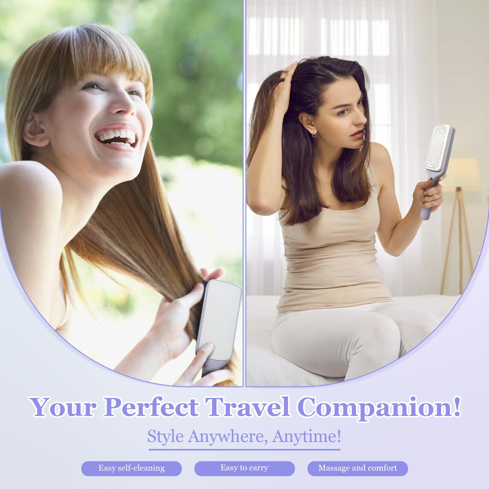 Effortless Self-Cleaning Anti-Static Hair Brush compact design fits easily in a bag.
