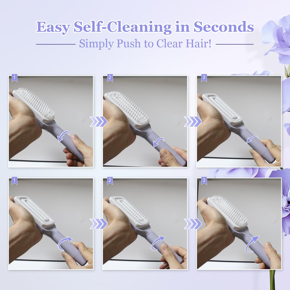 Effortless Self-Cleaning Anti-Static Hair Brush retractable bristles for compact travel storage.