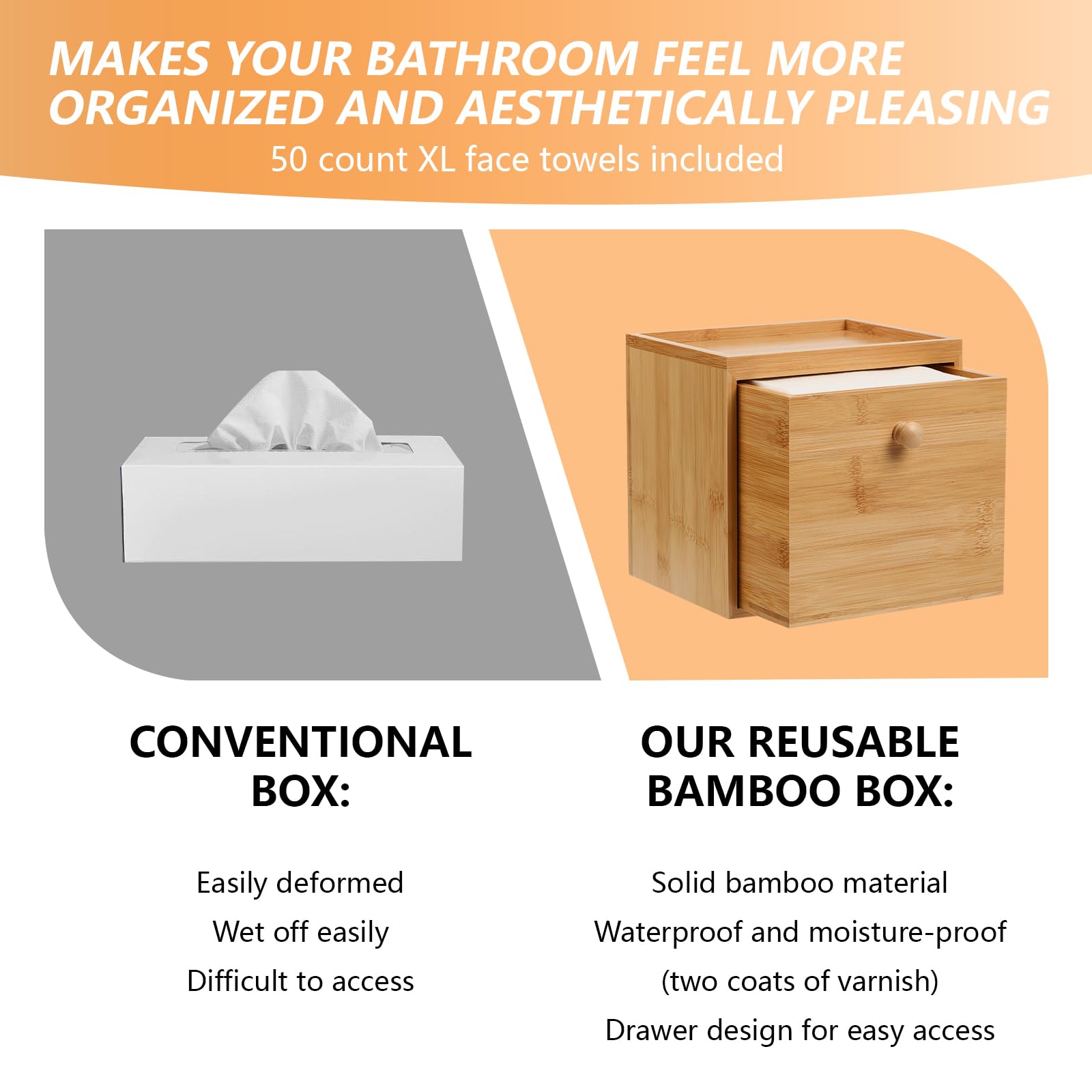 Eggs Sound bamboo drawer box with raised top stores skincare products, saving counter space.