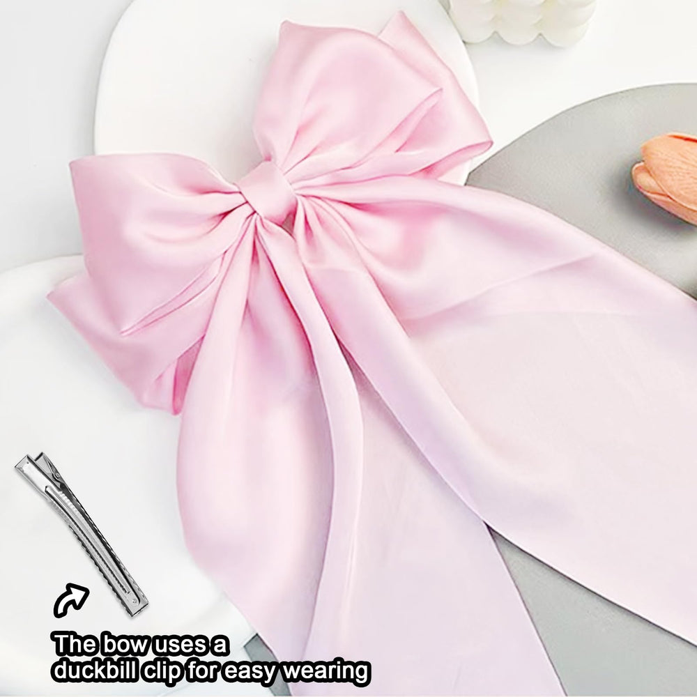 Egowry satin bow hair clip side view fits thick or thin hair with flair.