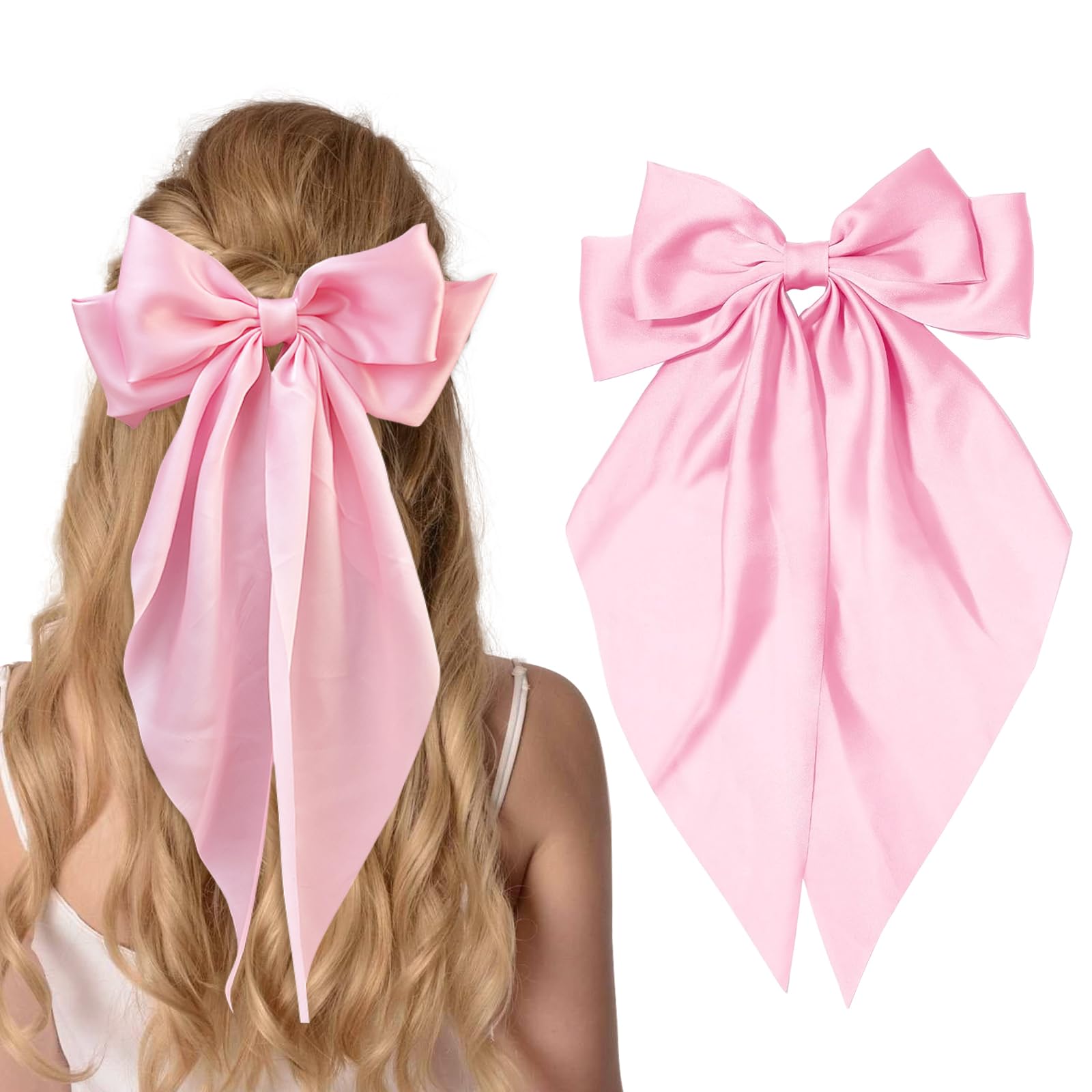 Egowry silky satin hair bow clip in pink adds vibrant color for outfits.