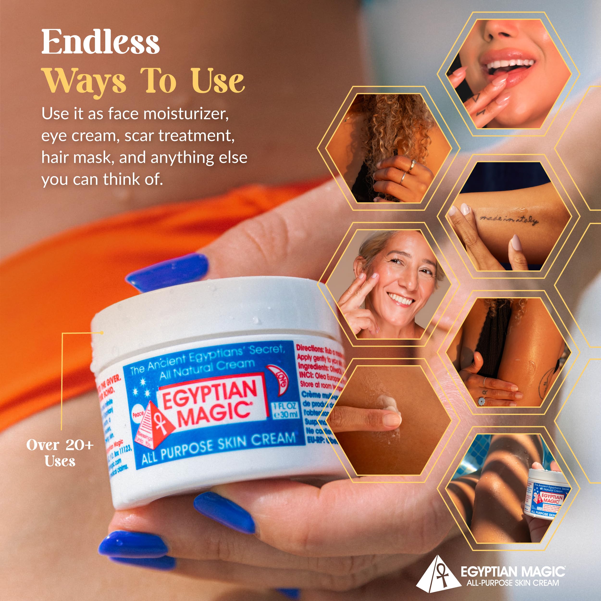 Egyptian Magic face body hands use—smooths cheeks, elbows, and rough patches.