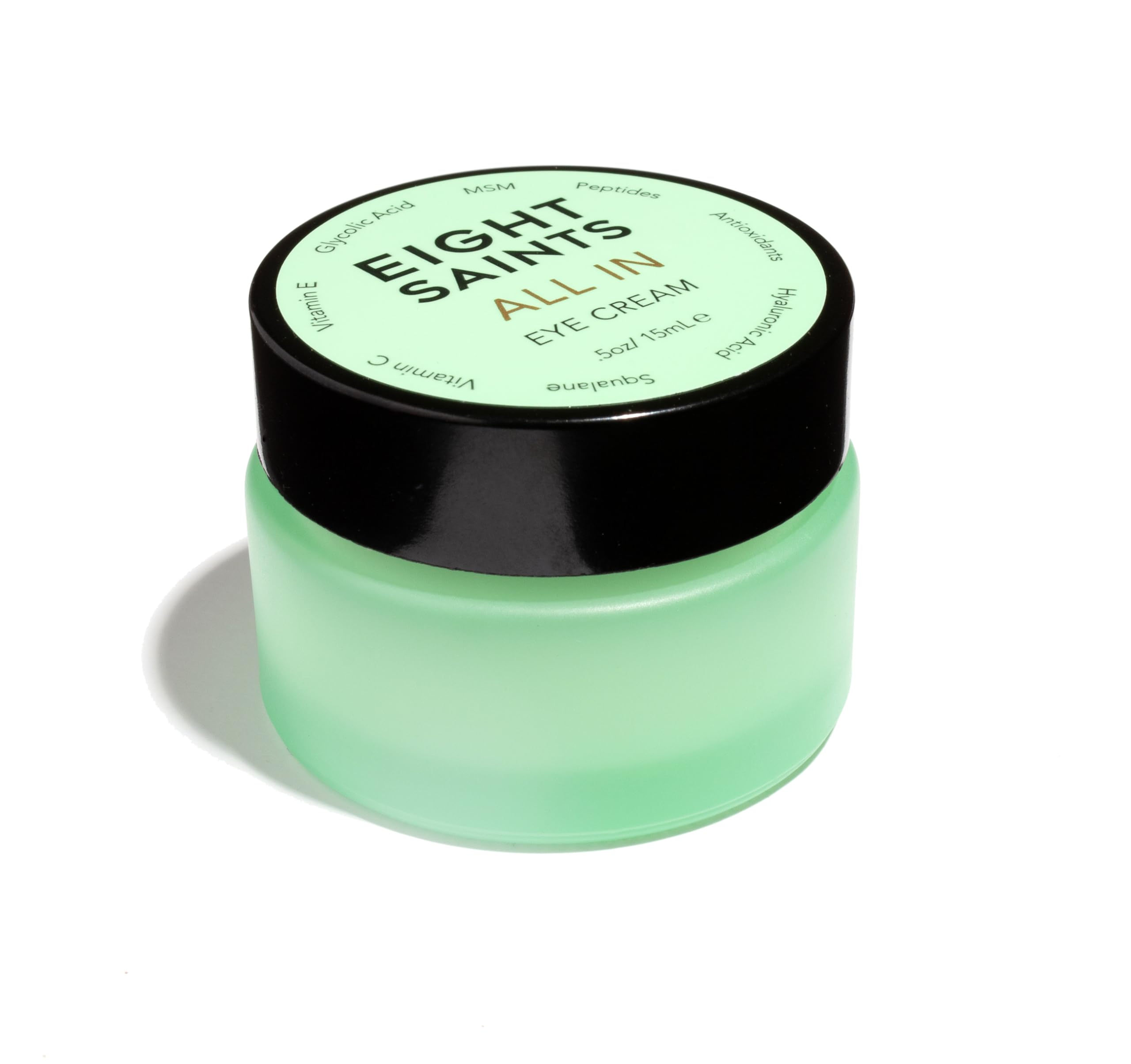 Eight Saints eye cream jar closeup showing lightweight hydration for under-eye area.