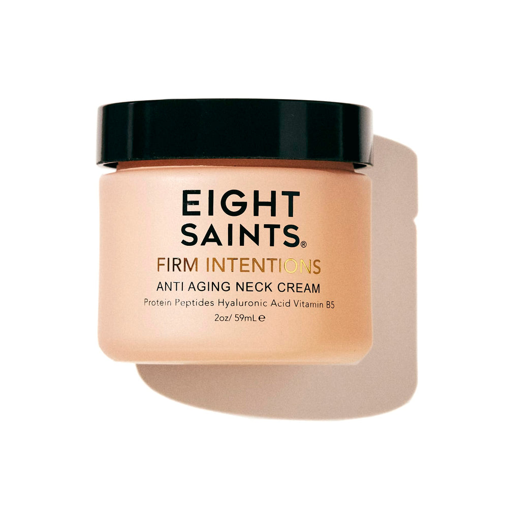 Eight Saints firm intentions neck cream jar closeup showing rich texture for firmer-looking neck