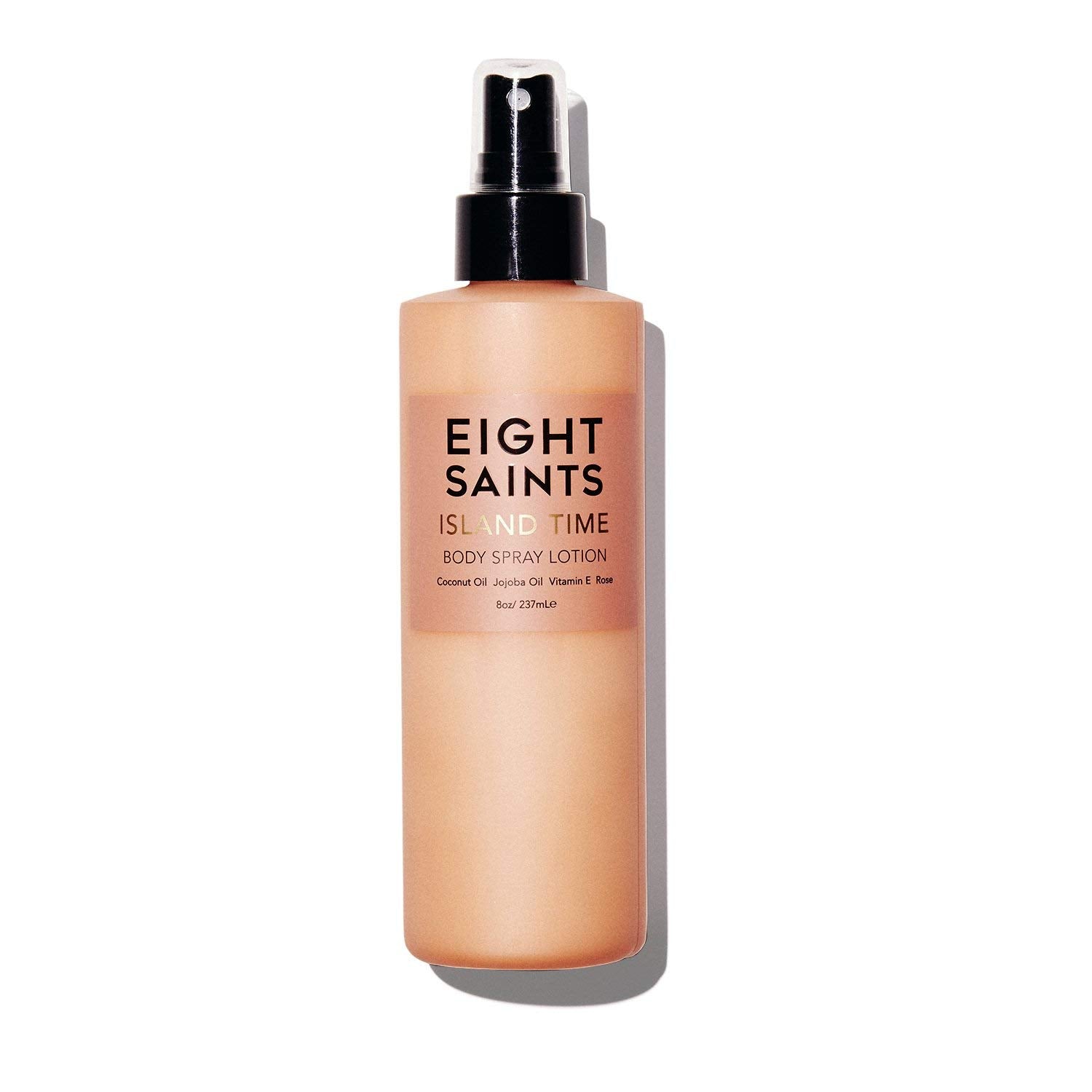 Eight Saints Island Time bottle closeup highlighting rich hydration and smooth skin.
