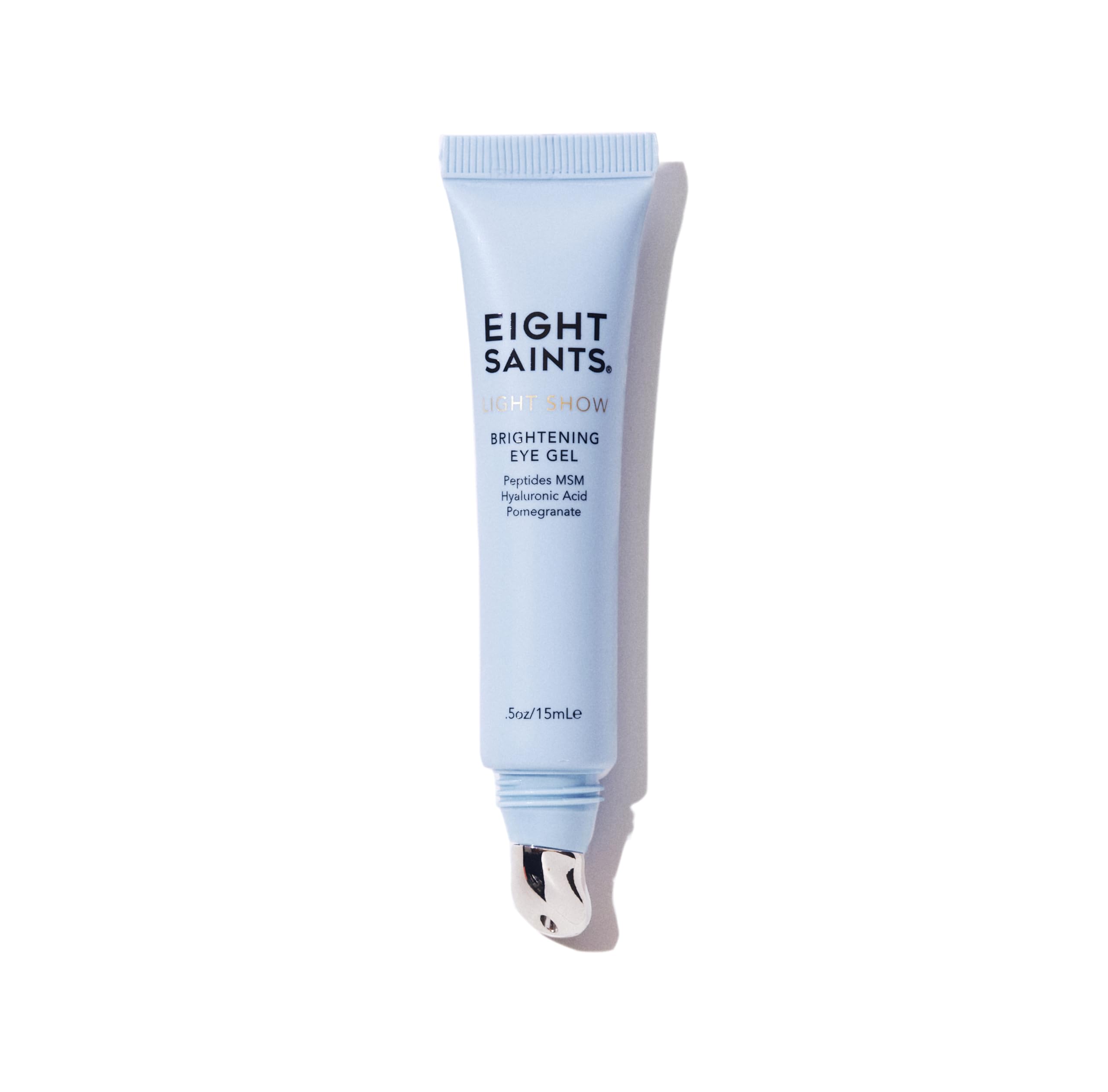 Eight Saints Light Show Eye Gel tube close-up, cooling action reduces under-eye puffiness.