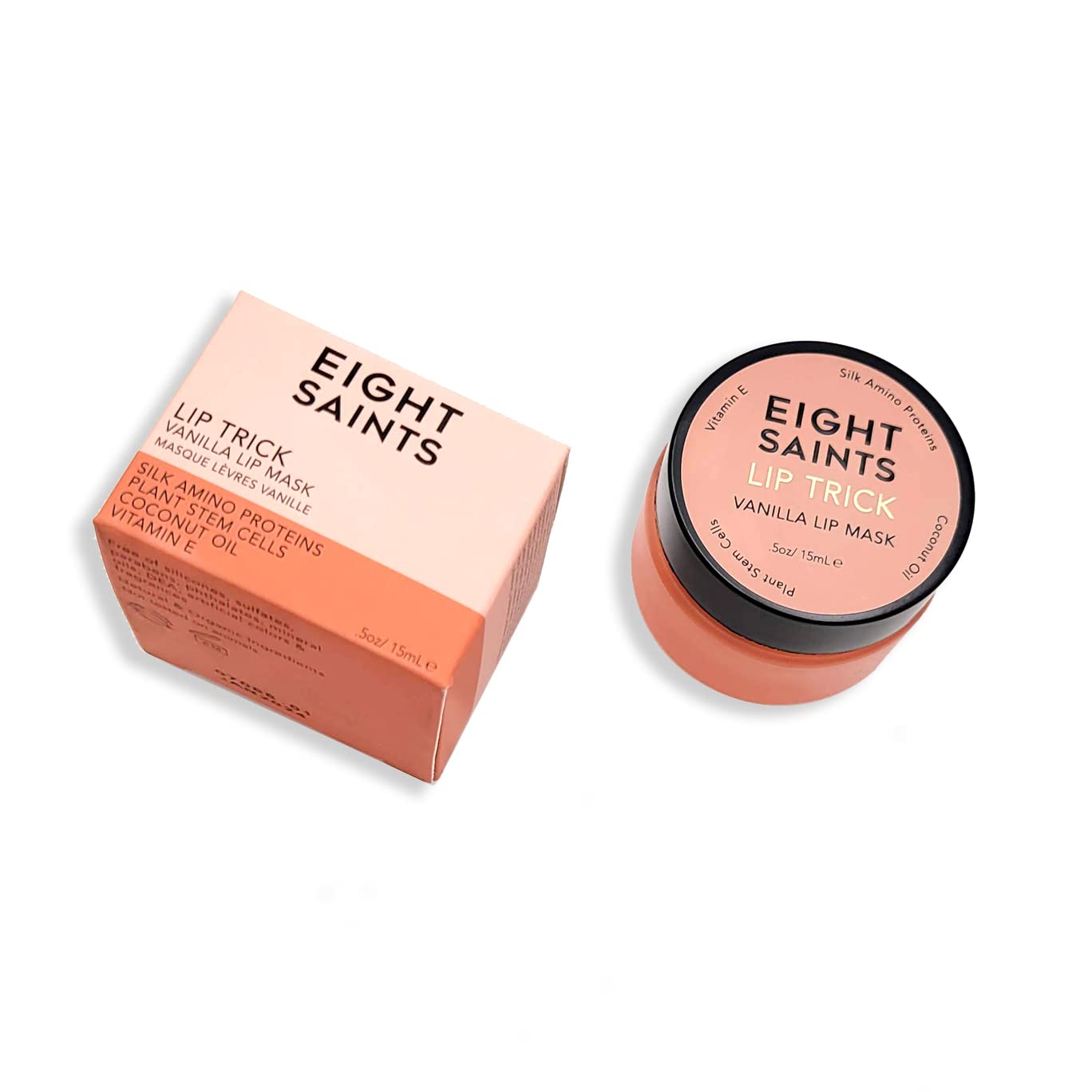 Eight Saints Lip Trick Vanilla Lip Mask jar shows creamy texture for moisturized lips.