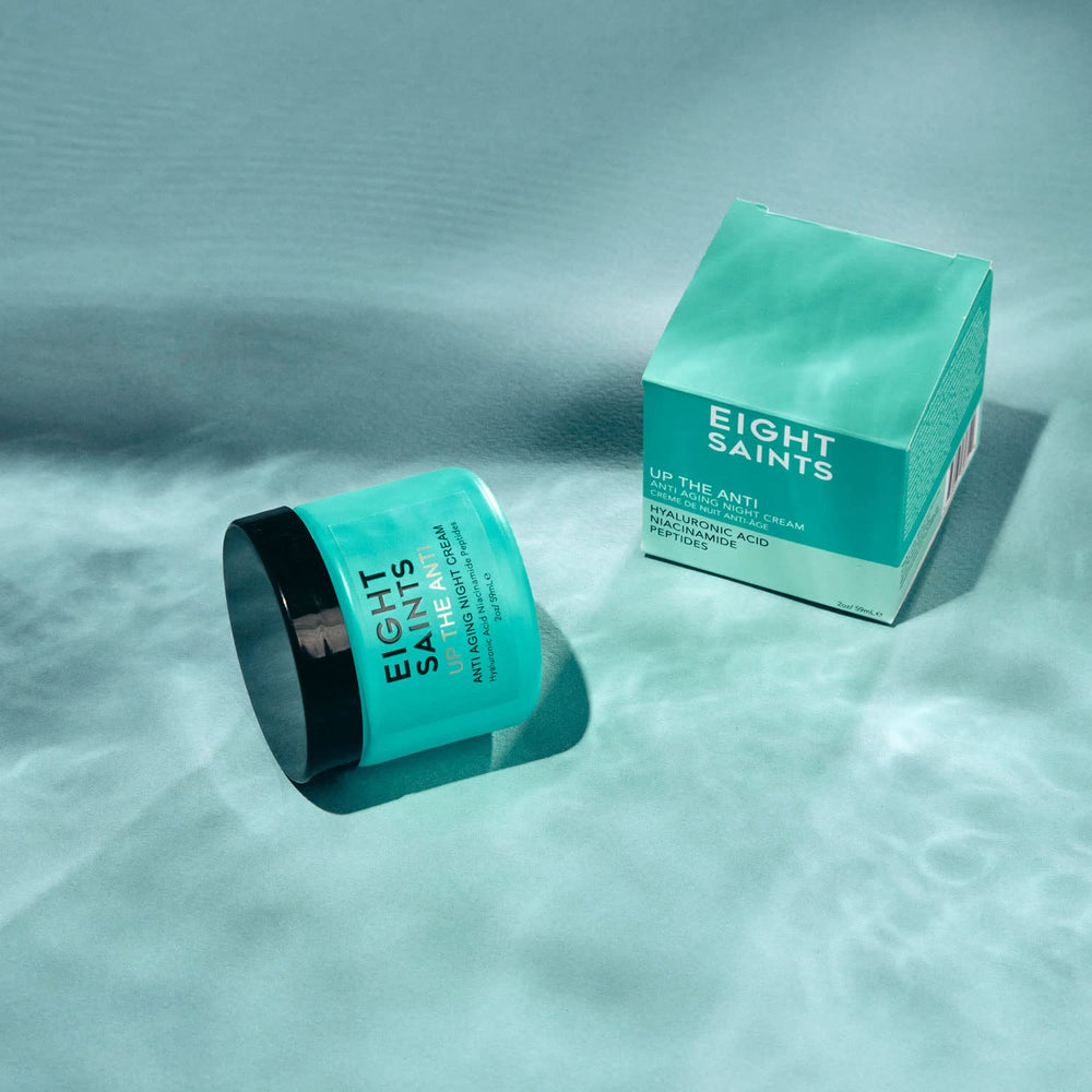 Eight Saints natural ingredient list featuring niacinamide and hyaluronic acid.