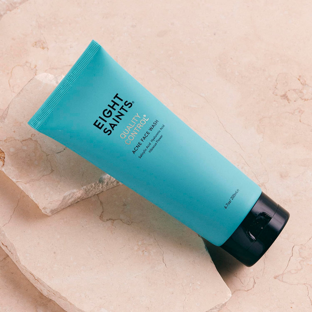 Eight Saints Quality Control Acne Face Wash dispensing pump shown for easy daily cleansing ritual.