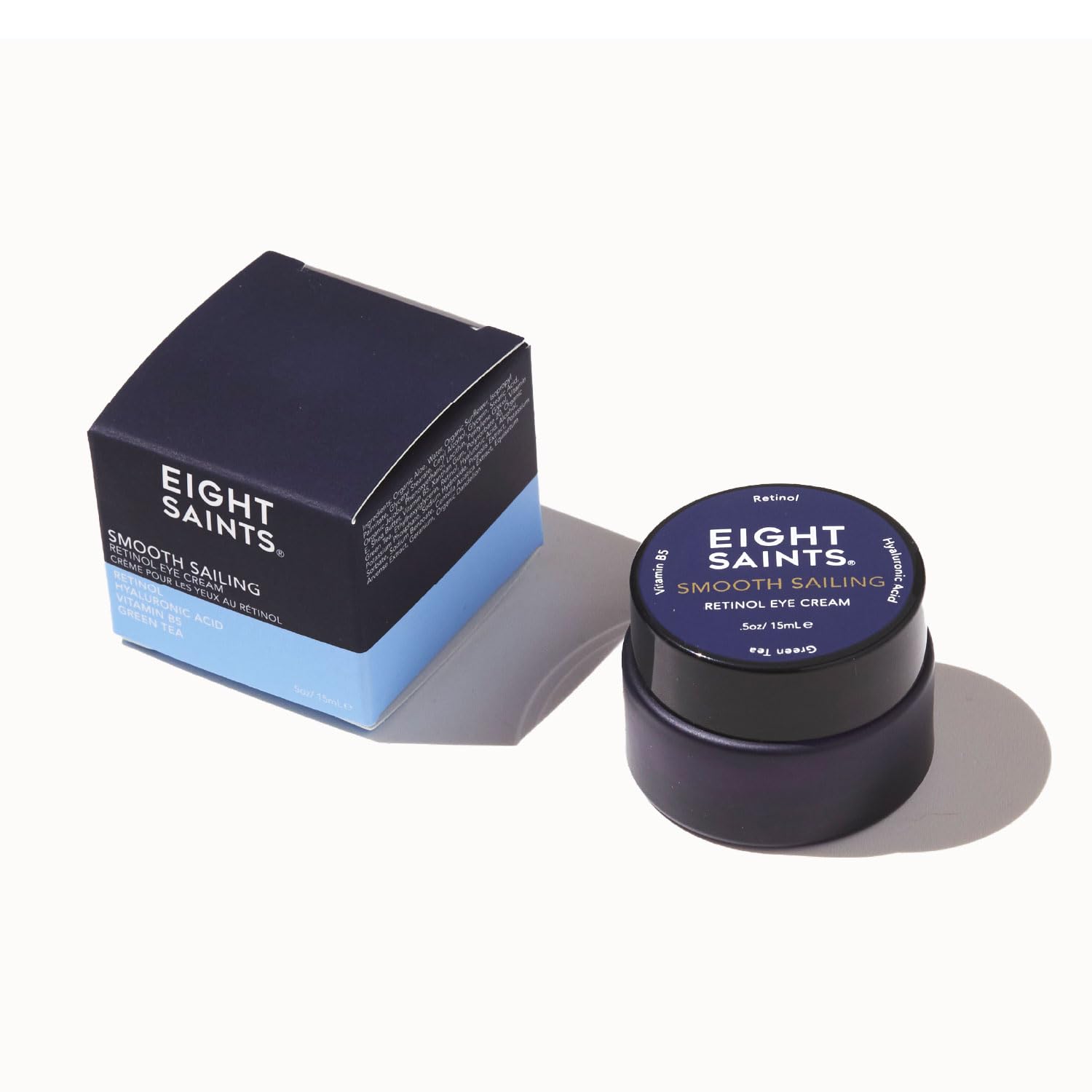 Eight Saints Retinol Eye Cream close-up of bottle and label underscoring organic, cruelty-free sourcing