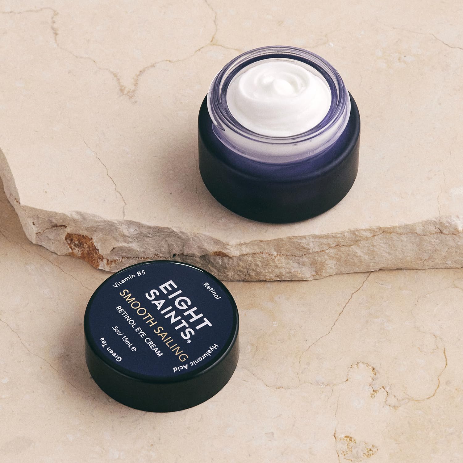 Eight Saints Retinol Eye Cream ingredient panel photo emphasizing hyaluronic acid and green tea