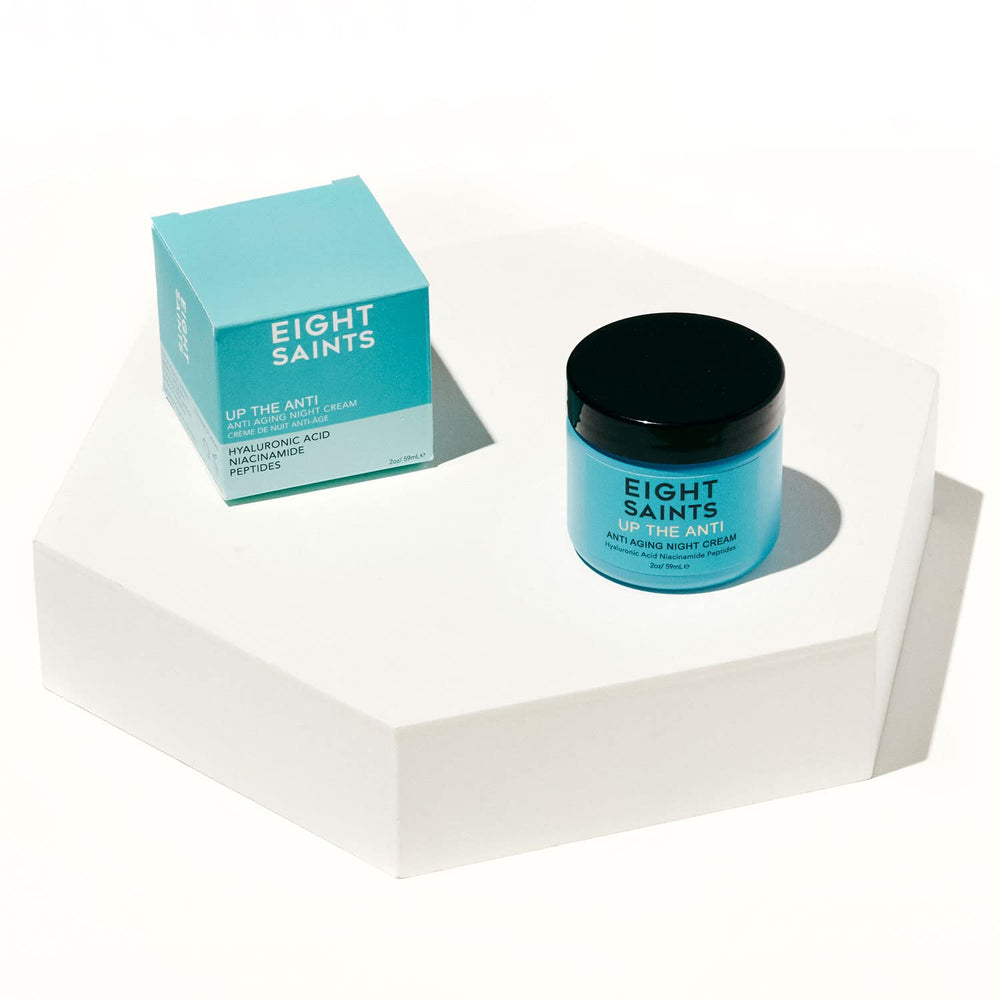 Eight Saints Up the Anti Night Cream applied to neck area for potential firming feel.