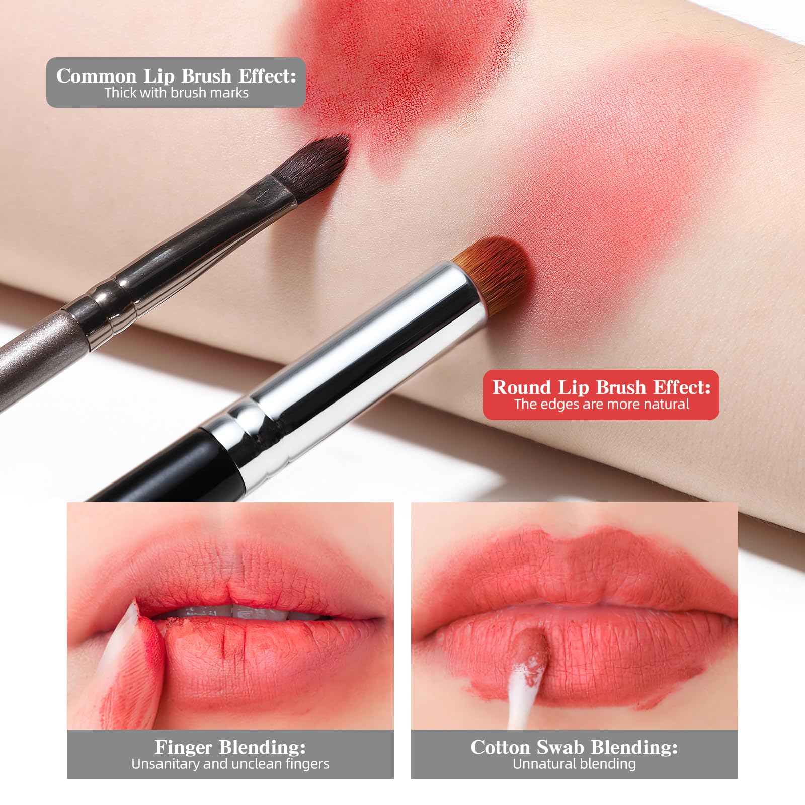 EIGSHOW Lip Brush on lips demonstrates natural, seamless color and precise edge control
