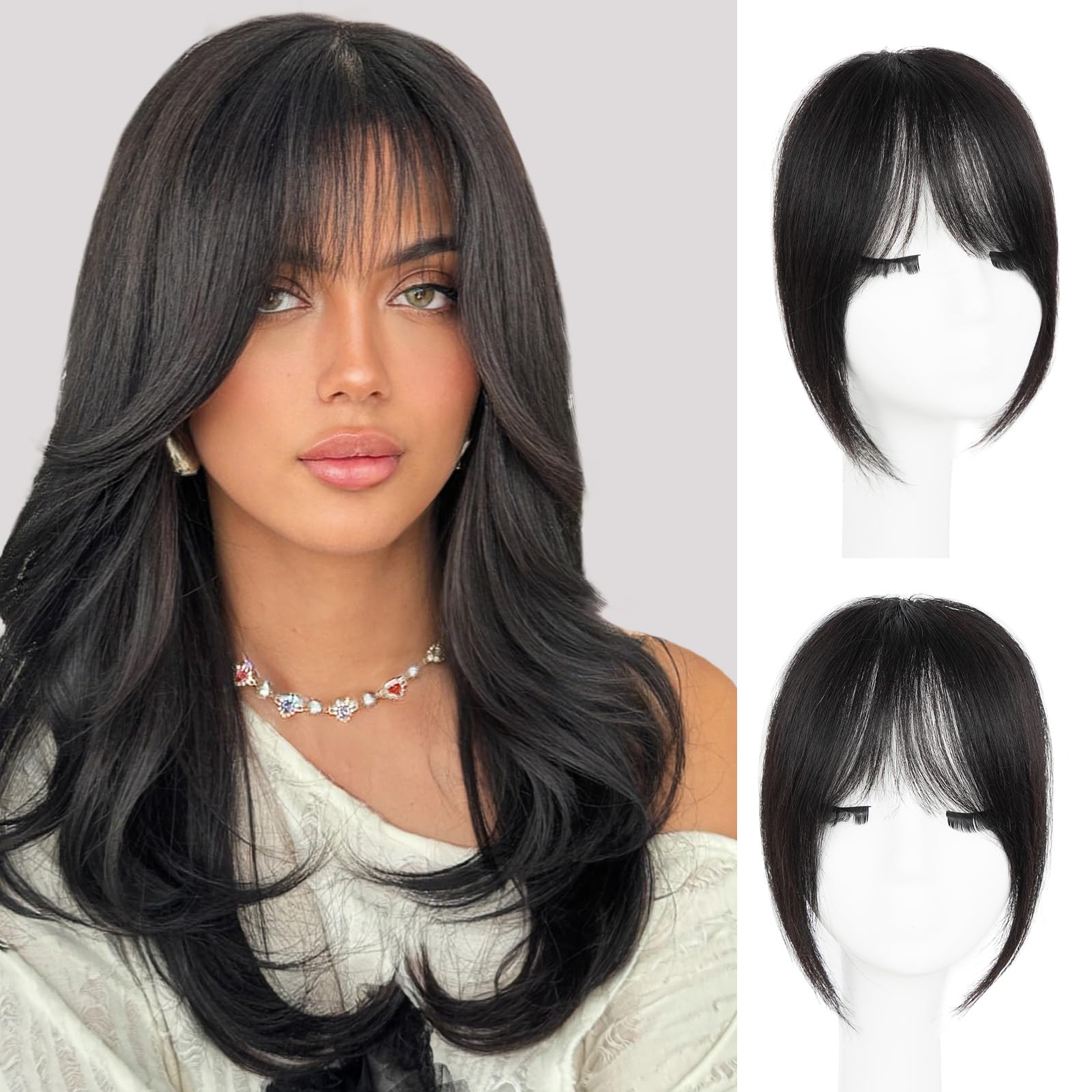 EINAEY Clip-In Bangs front view shows natural black human hair for seamless daily wear.