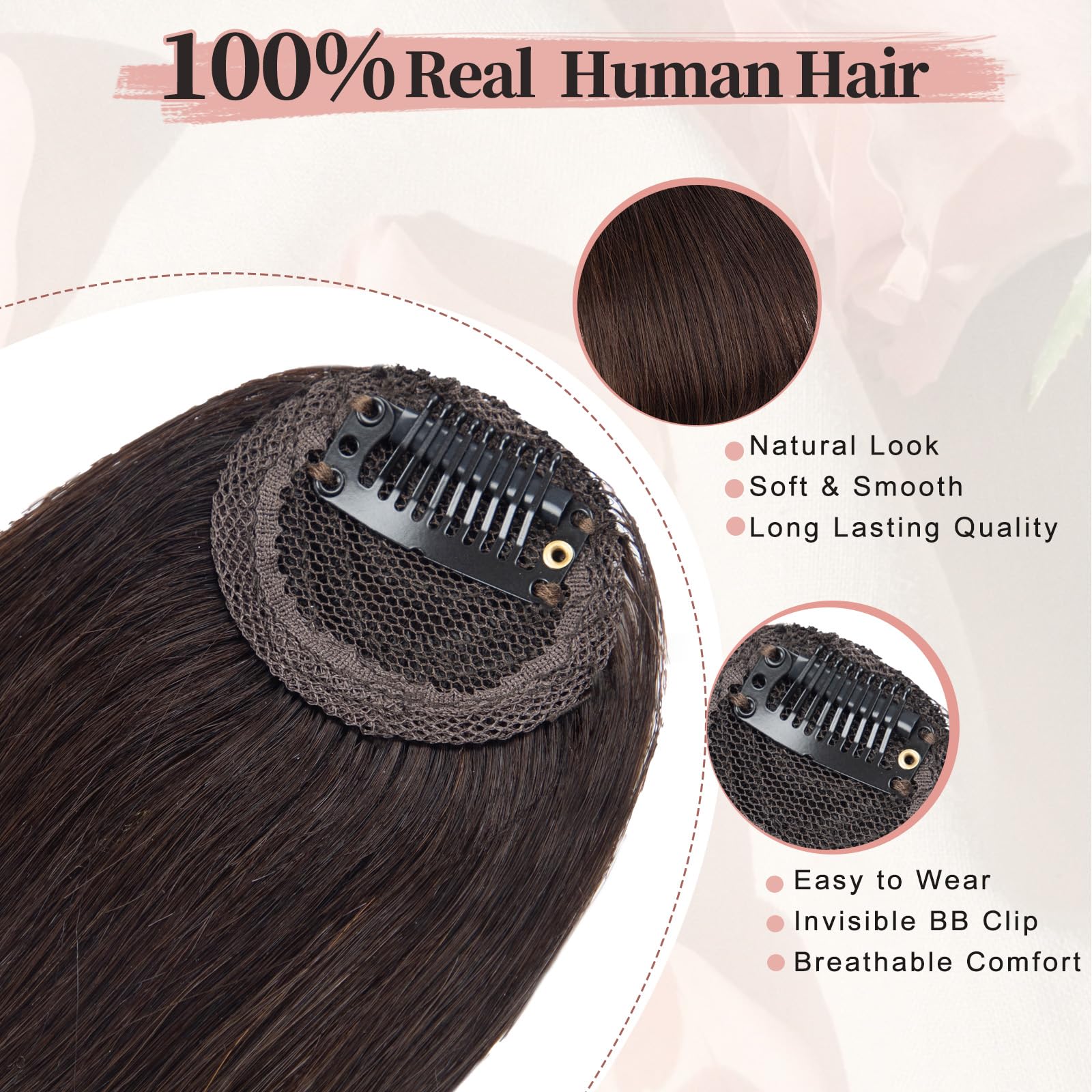 EINAEY dark brown real-hair bangs with invisible clips for secure wear