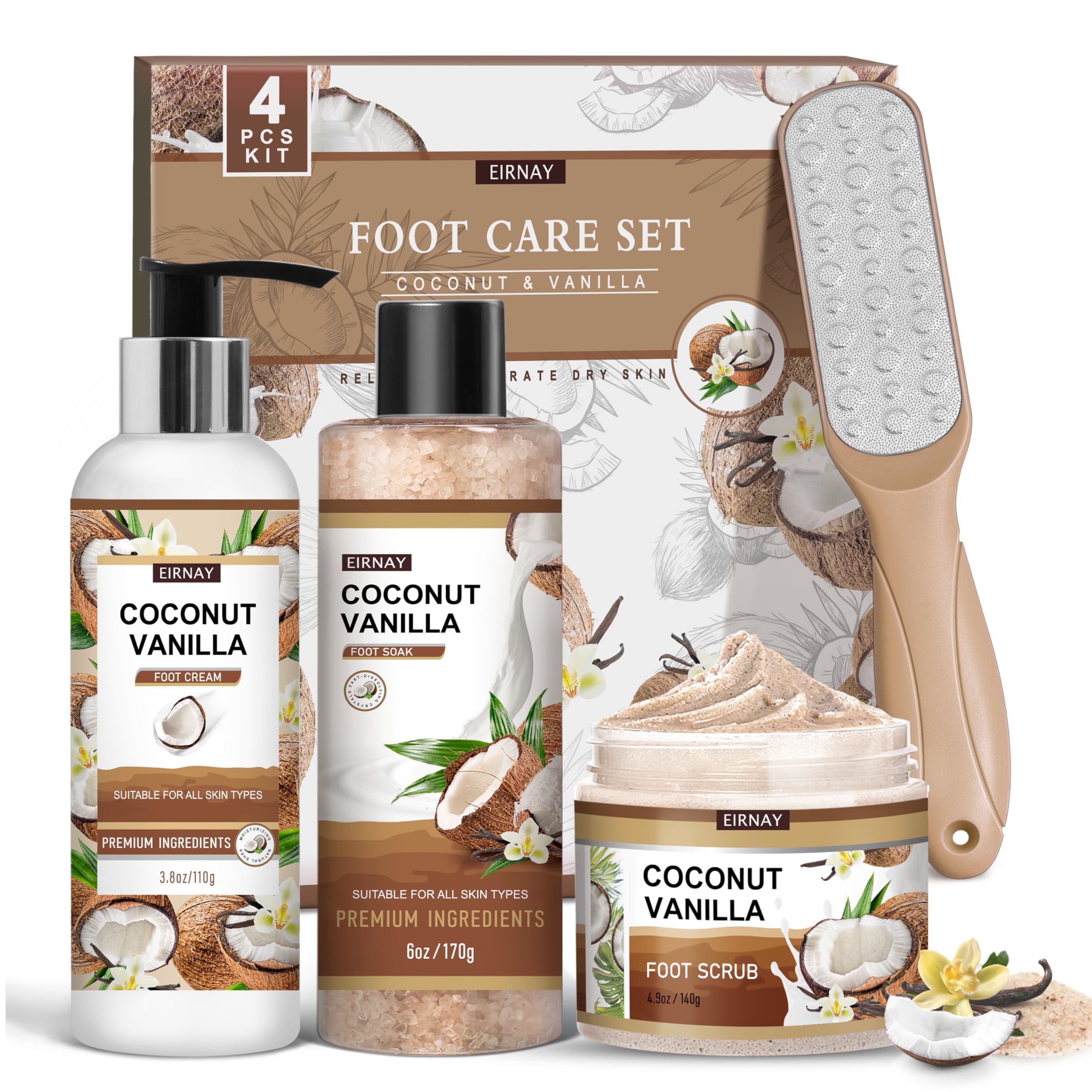 EIRNAY coconut-vanilla-foot-soak-bath soothes dry feet with hydrating coconut scent
