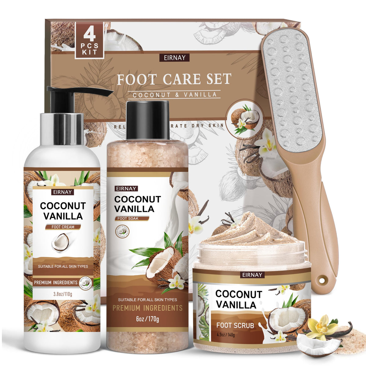 EIRNAY coconut-vanilla-foot-soak-bath soothes dry feet with hydrating coconut scent