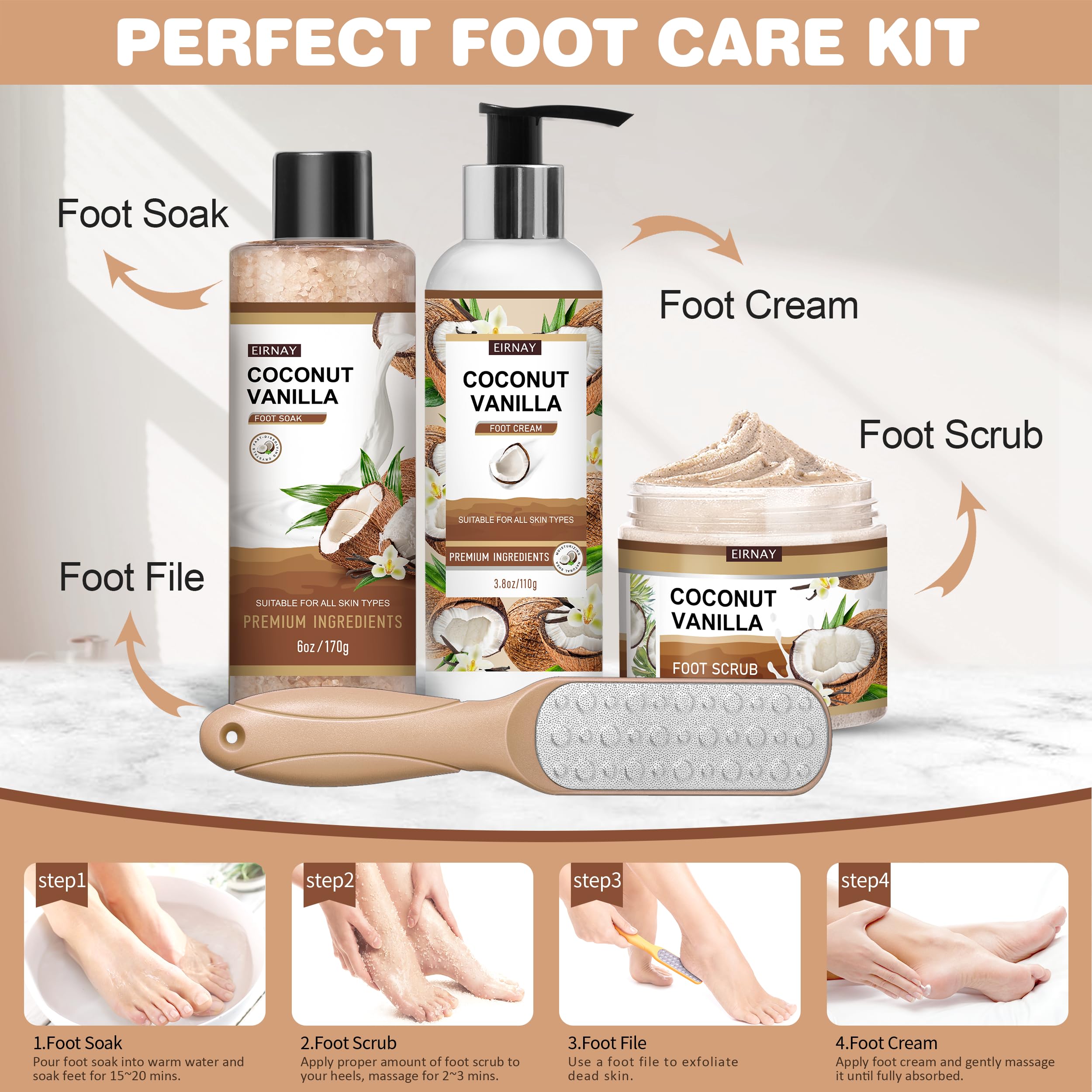 EIRNAY foot-care-routine-steps demonstrates an easy 4-in-1 spa process