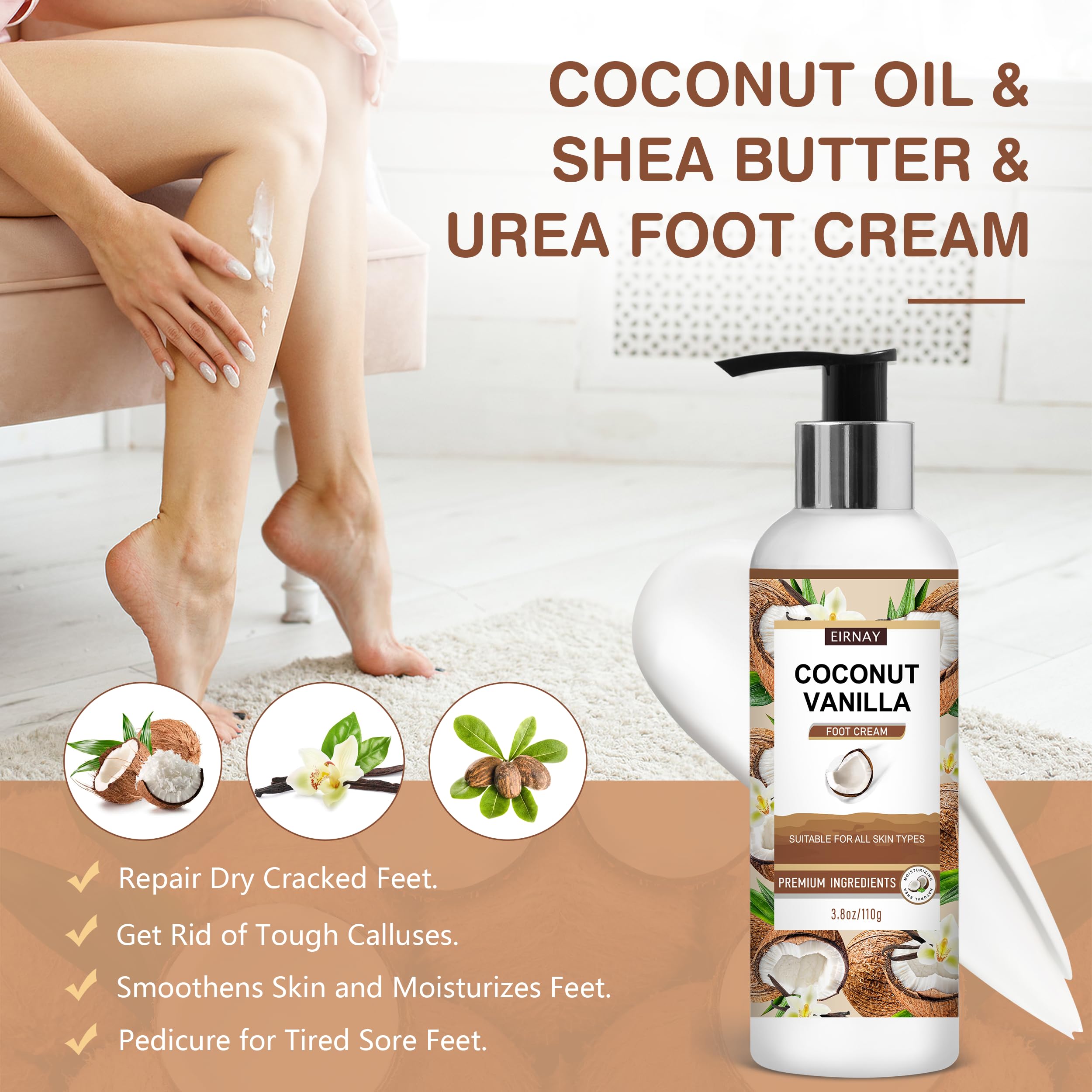 EIRNAY urea-foot-cream-moisturizer nourishes with shea butter and coconut oil