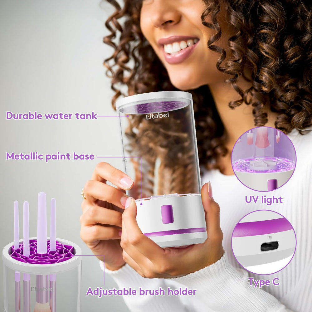 EITABEL makeup brush cleaner machine in use for foundation brush deep-clean routine.