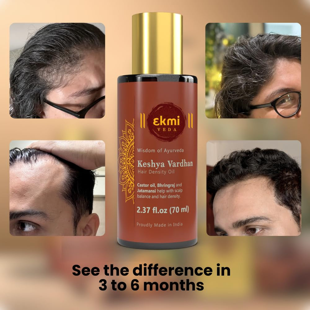 EKMIVEDA Bhringraj Amla Argan ingredients close-up promoting scalp vitality.