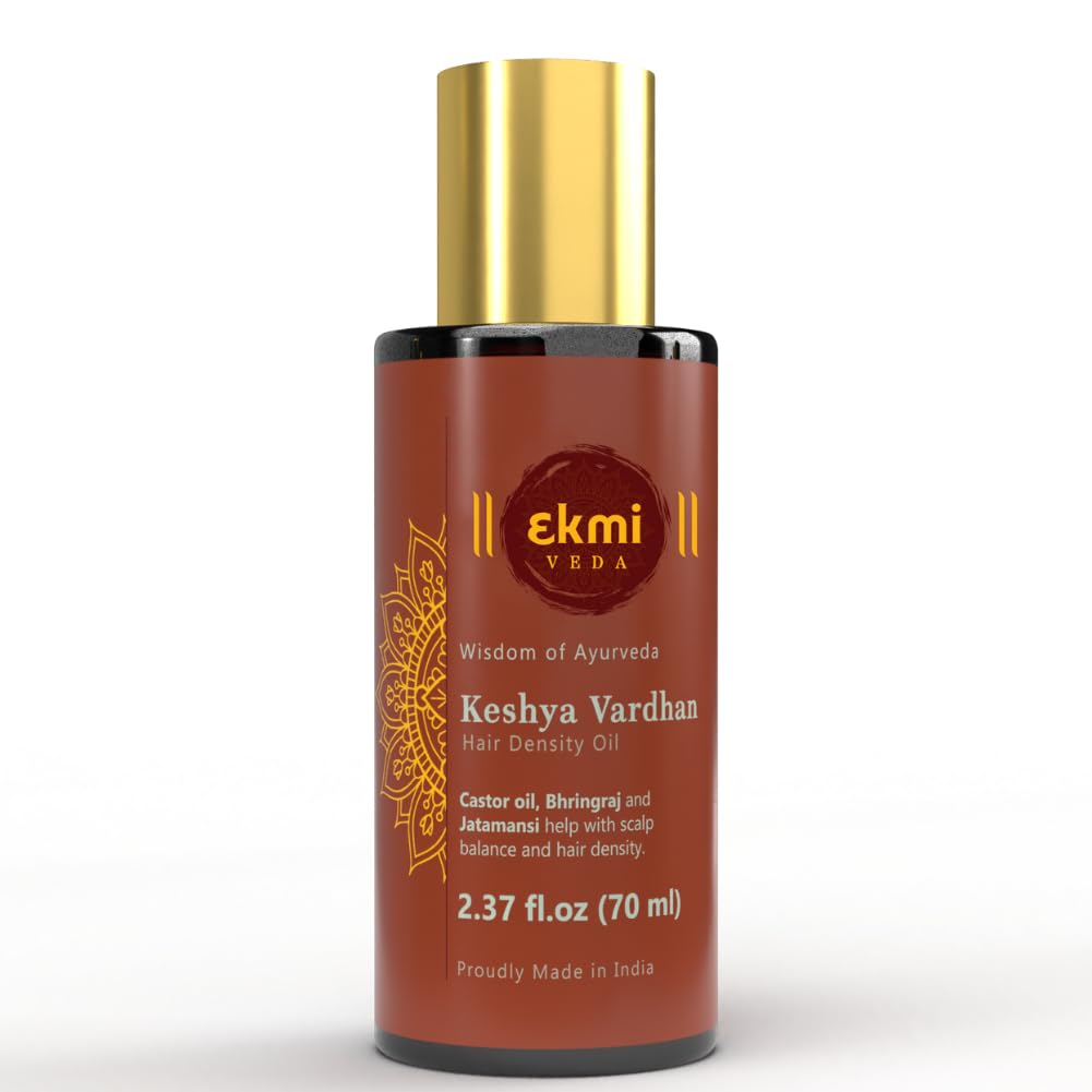 EKMIVEDA Keshya Vardhan oil bottle showing Ayurvedic blend for scalp nourishment and healthier-looking hair.