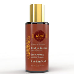 EKMIVEDA Keshya Vardhan oil bottle showing Ayurvedic blend for scalp nourishment and healthier-looking hair.