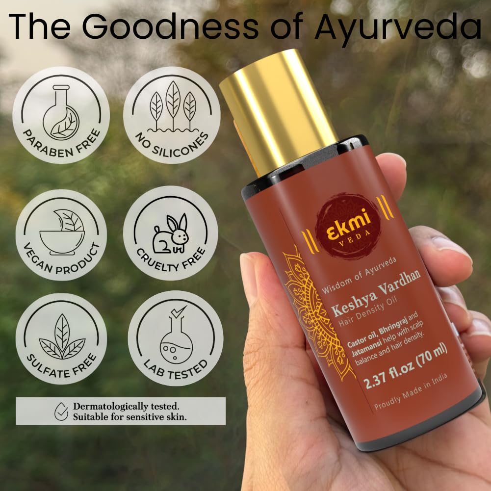 EKMIVEDA nourishing coconut and argan oils in prewash oil for thicker appearance.