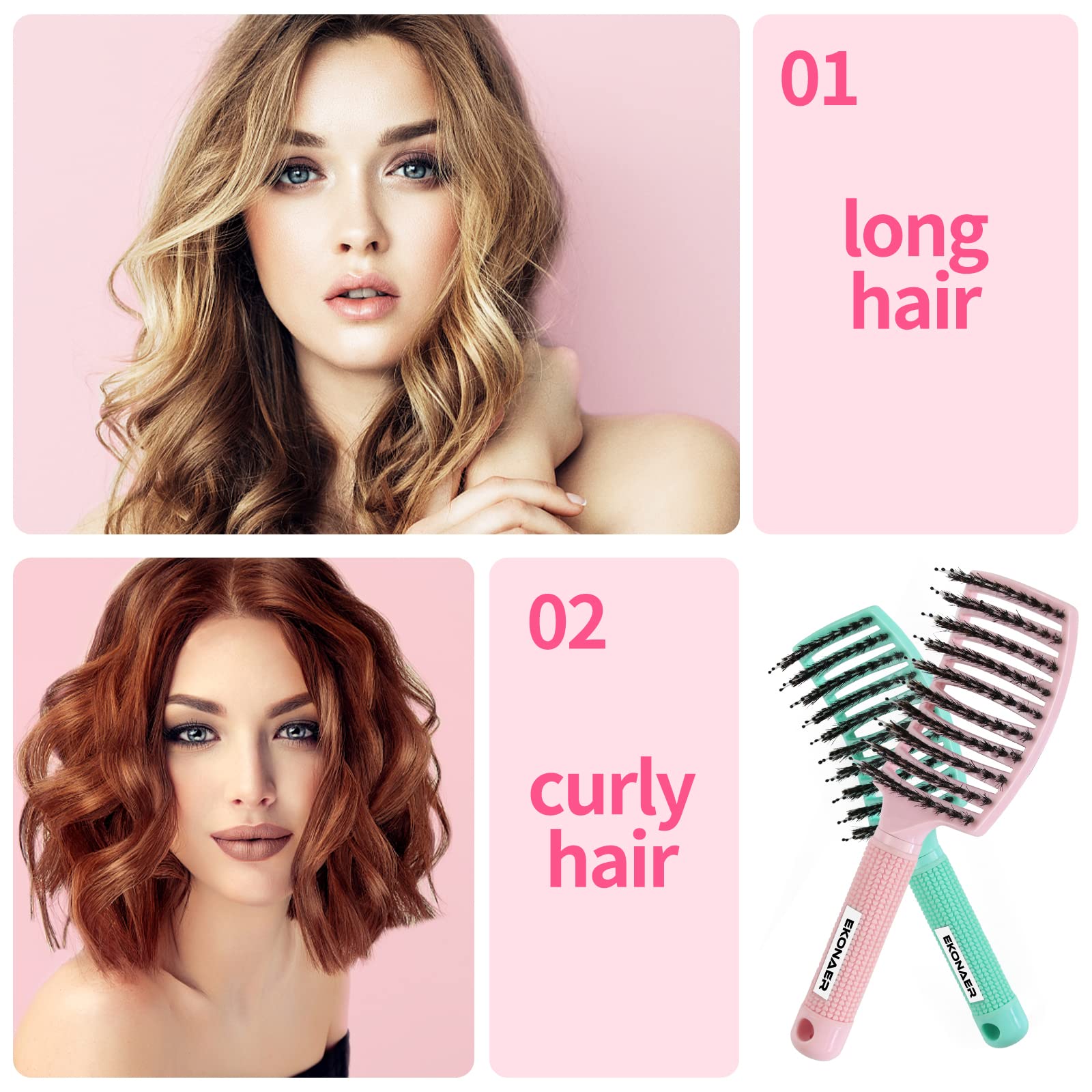 EKONAER detangling brush boar bristle closeup promotes natural oils for healthier hair