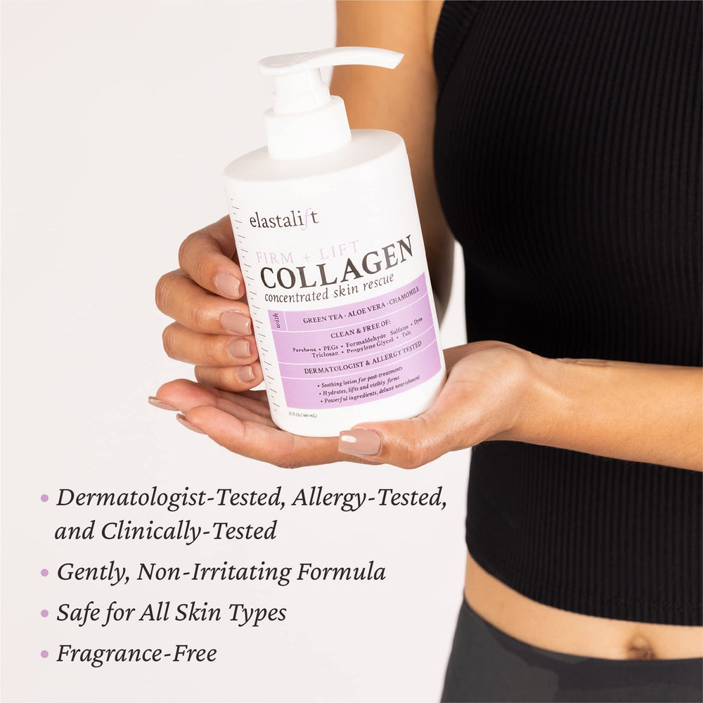 Elastalift Collagen Cream dermatologist-tested badge reassures safe daily use on face and body.