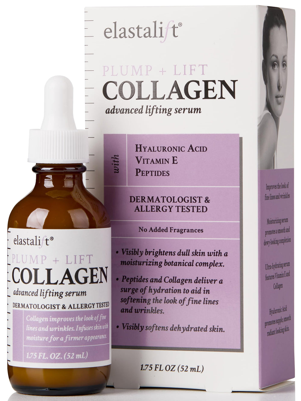 Elastalift collagen serum bottle front shows fragrance-free skin tightening potential