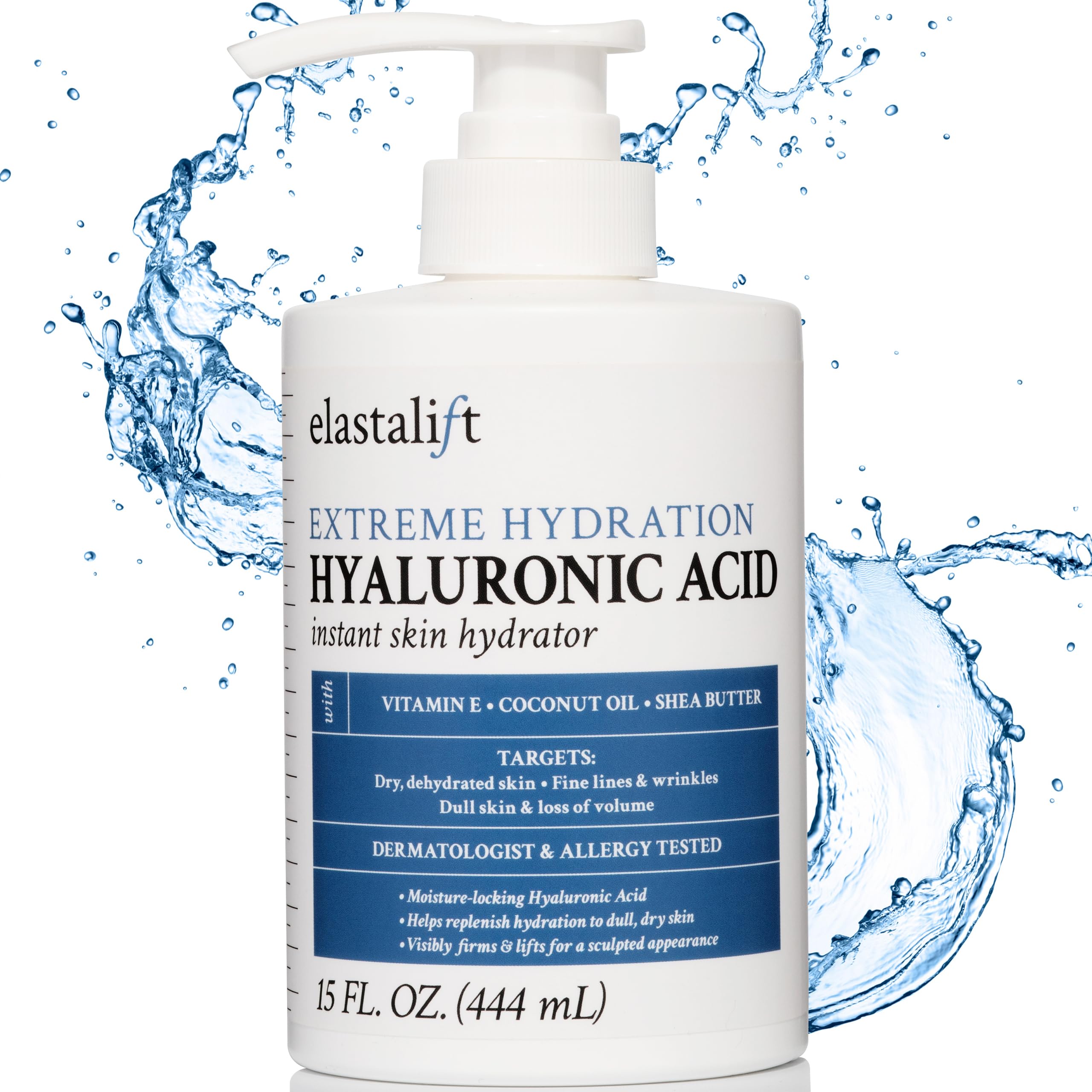 Elastalift hyaluronic-acid-body-cream bottle pump for deep hydration.