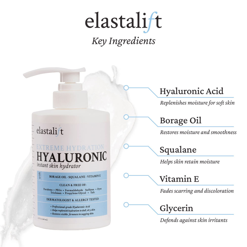 Elastalift hyaluronic acid lotion jar demonstrates a plump-looking finish after use.