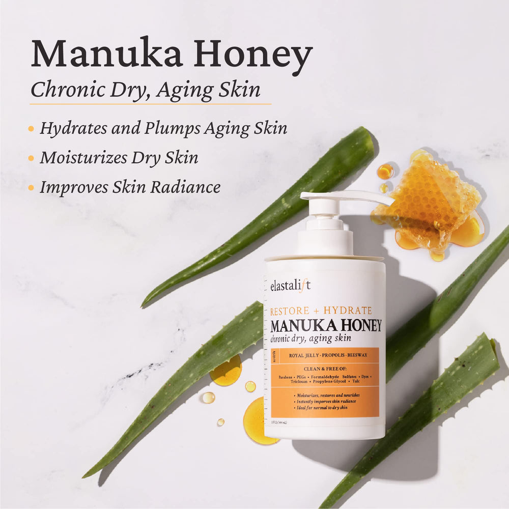 Elastalift Manuka Honey Cream application shows glowing, hydrated skin.