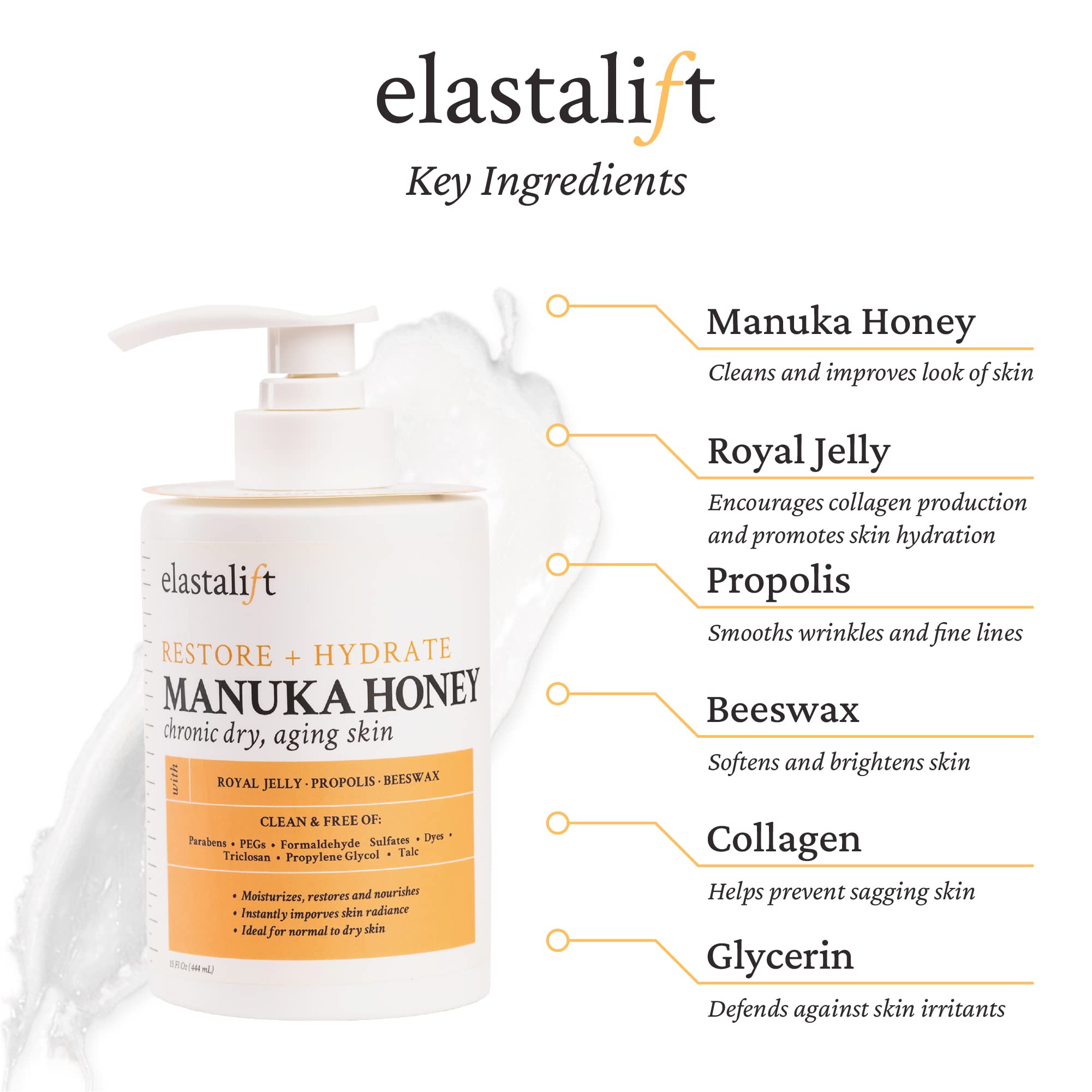 Elastalift Manuka Honey Cream dispensing bottle for quick daily hydration.