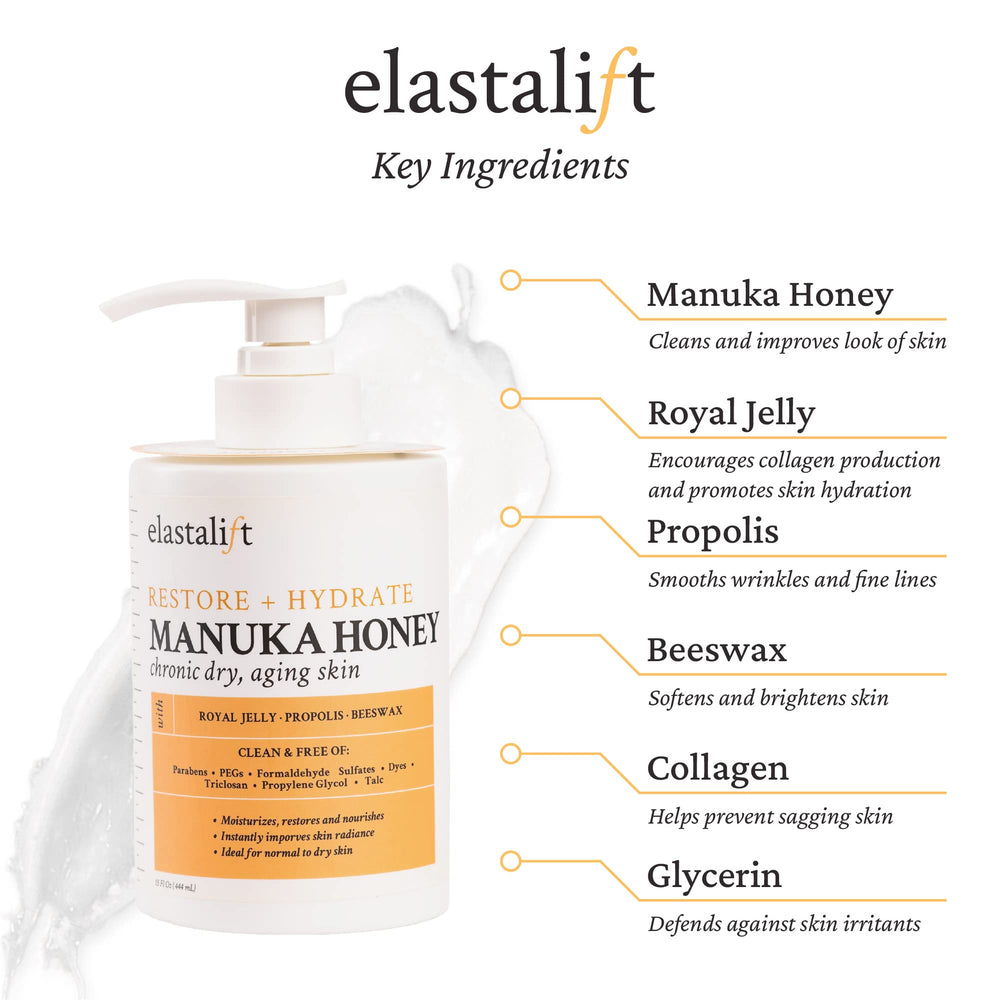 Elastalift Manuka Honey Cream dispensing bottle for quick daily hydration.
