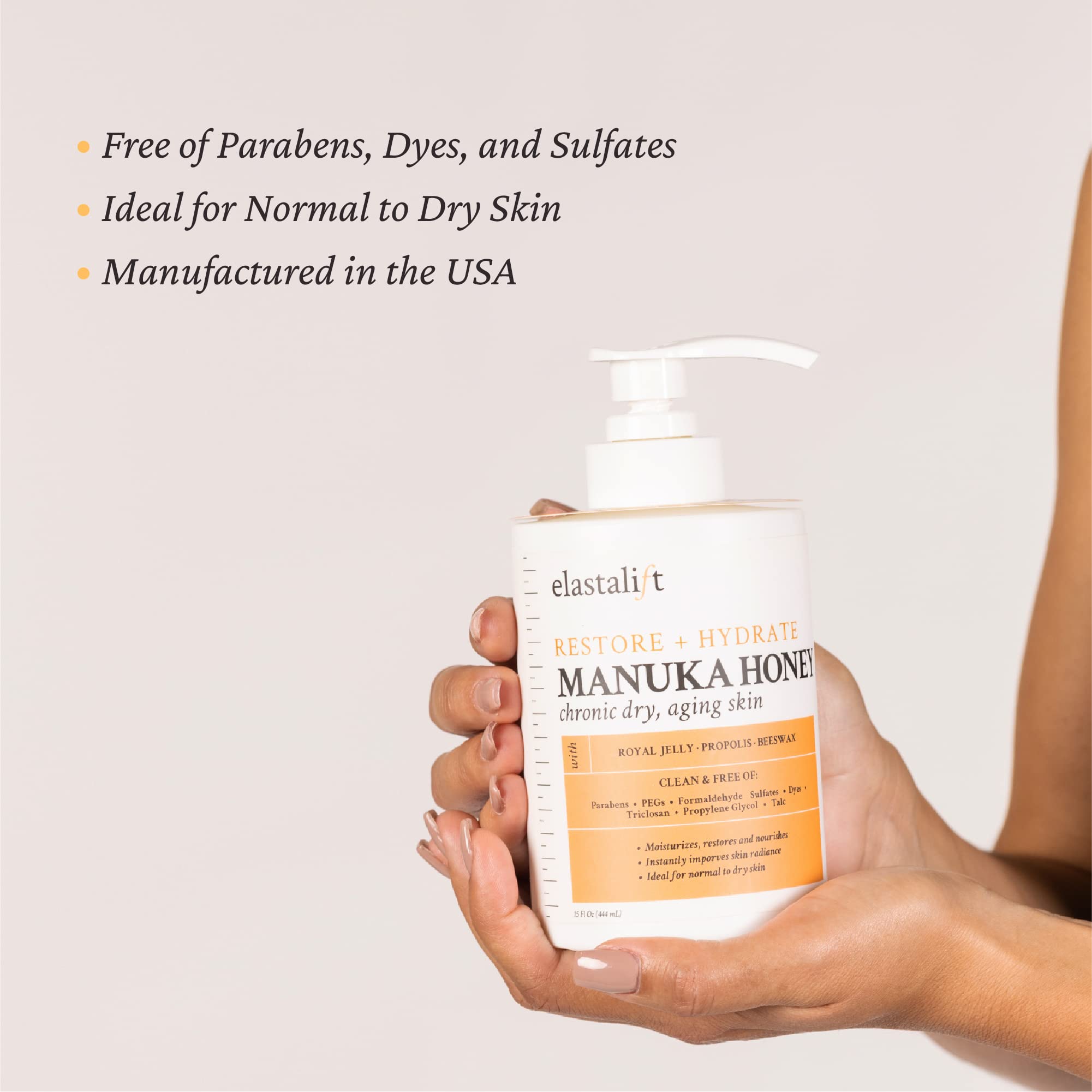 Elastalift Manuka Honey Cream packaging cruelty-free label closeup.