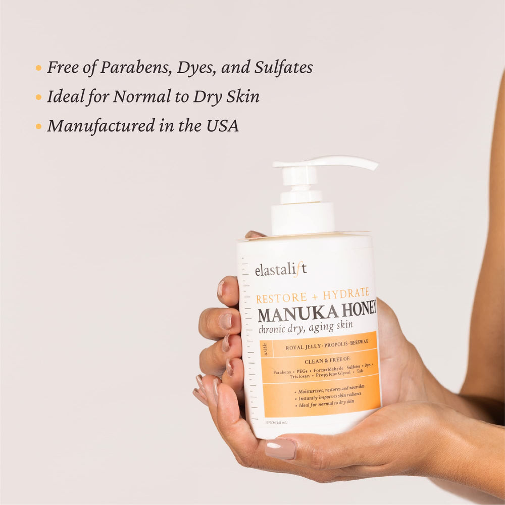 Elastalift Manuka Honey Cream packaging cruelty-free label closeup.